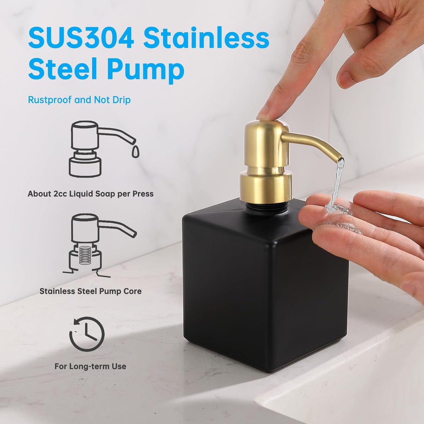 Square Bathroom Soap Dispenser Black and Gold, 8.4 oz Glass Bottles with Stainless Steel Pump Retangle Cube Liquid Soap Dispenser Hand Kitchen