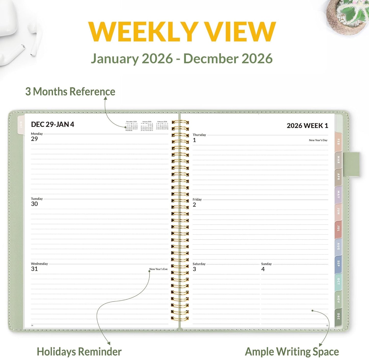 SUNEE 2026 Weekly & Monthly Planner 9"x11.2"- 12 Month (January 2026 - December 2026), Vegan Leather Cover, Pocket, Bookmark, Notes, Monthly Tab, Sage Green