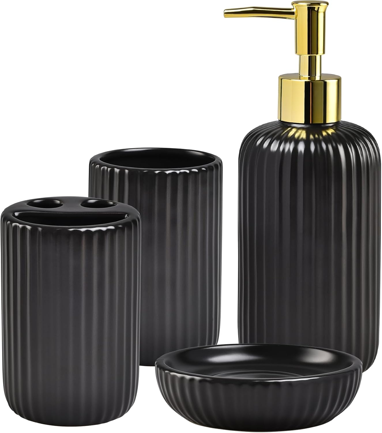 Black Bathroom Accessories Set, 4PC Ceramic Bathroom Sets Complete-Toothbrush Holders, Soap Dispenser, Soap Dish, Toothbrush Cup, Stylish Black Gold Bathroom Decor, Bathroom Organizer for Countertop