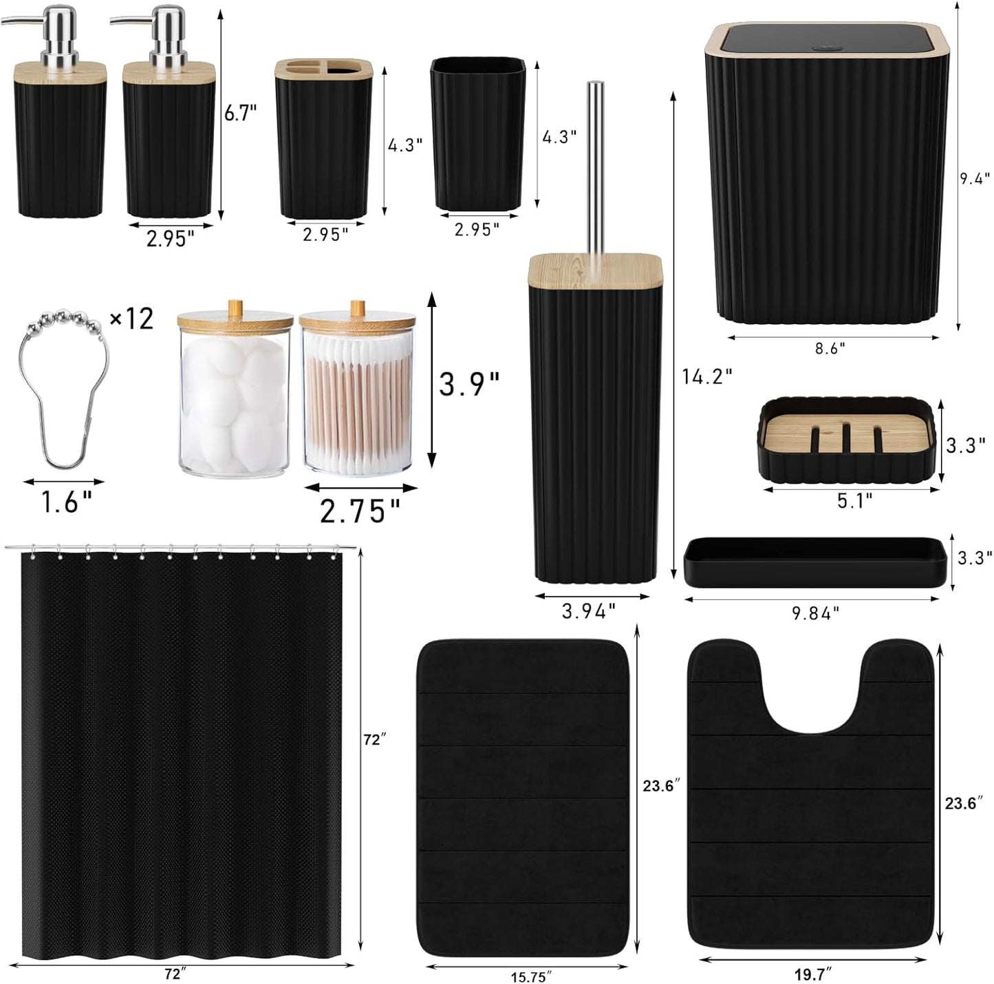 Bathroom Set - 25PC Black Bathroom Set with Shower Curtain and Rugs, Bathroom Accessories Set, Black Shower Curtain Set with Bathroom Trash Can