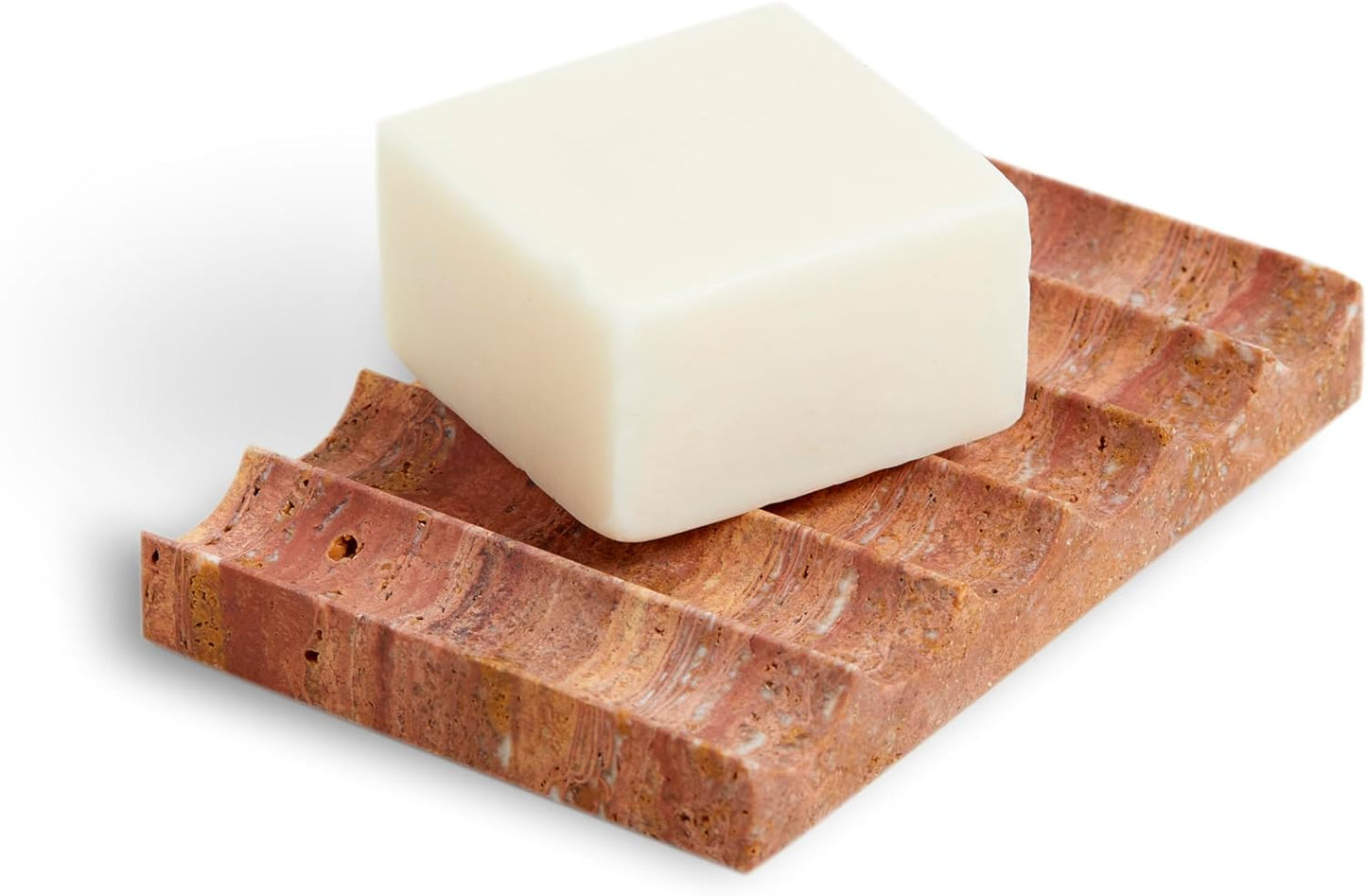 Luxurious Marble Soap Dish Jewelry Ring Tray - Rectangle Stone Soap Tray & Saver for Shower – Self Draining Soap Holder for Bathroom, Kitchen, Red Travertine