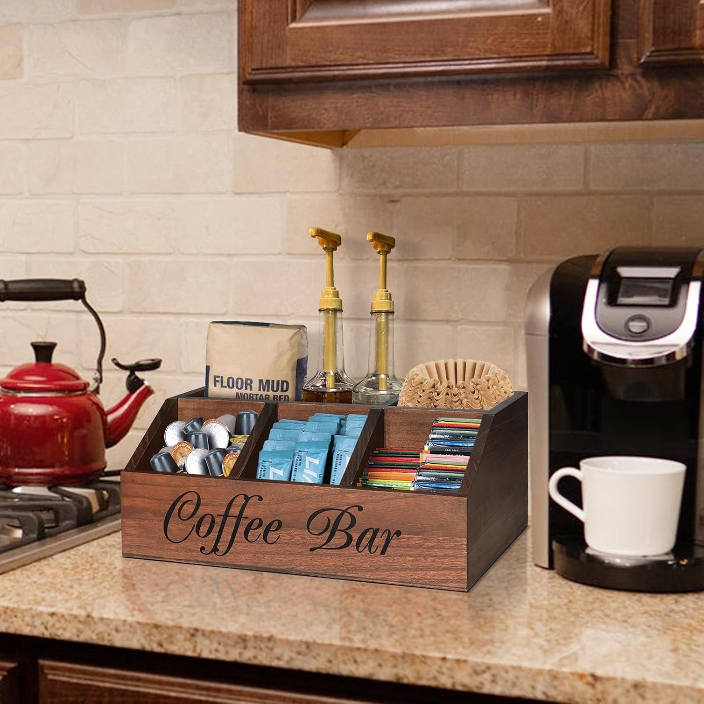 ugiftt Coffee Station Organizer for Counter, Wood Coffee Pods Holder Storage Basket, Tea Condiment Storage Organizer, Rustic Coffe Bar Decor for Accessories