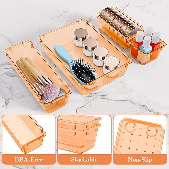 25 PCS Plastic Drawer Organizer Set, 4-Size Versatile Organizer Trays & storage Bins for Makeup, Jewelry, and Gadgets in Bathroom, Bedroom and Office,Orange