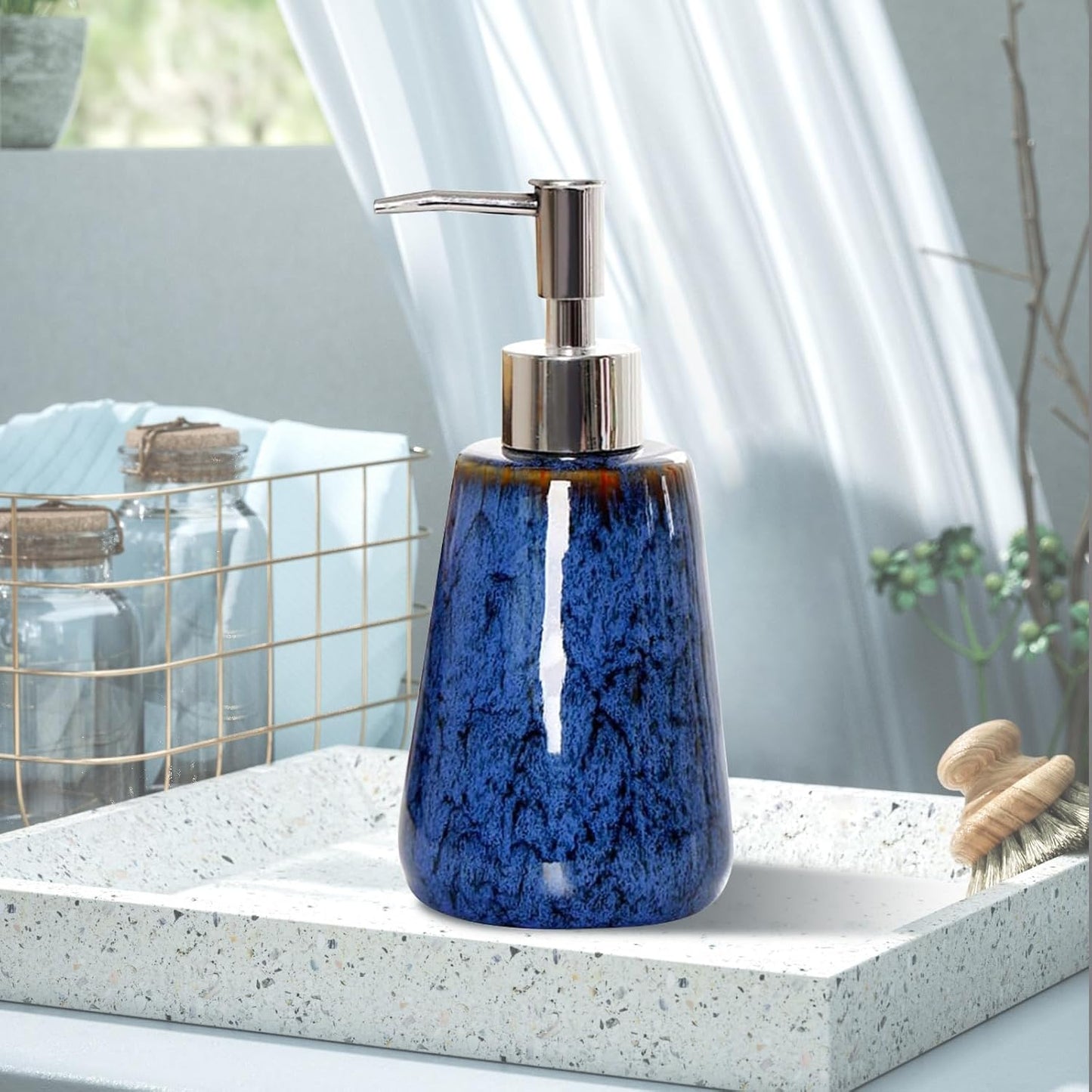 Jessie Ceramic Hand Soap Dispenser Bathroom,Kiln Variable Glaze Lotion Dispenser with Pump 11 oz Modern Vintage Dish Soap Dispenser Refillable Liquid Soap Bottles for Bathroom Kitchen (Blue)