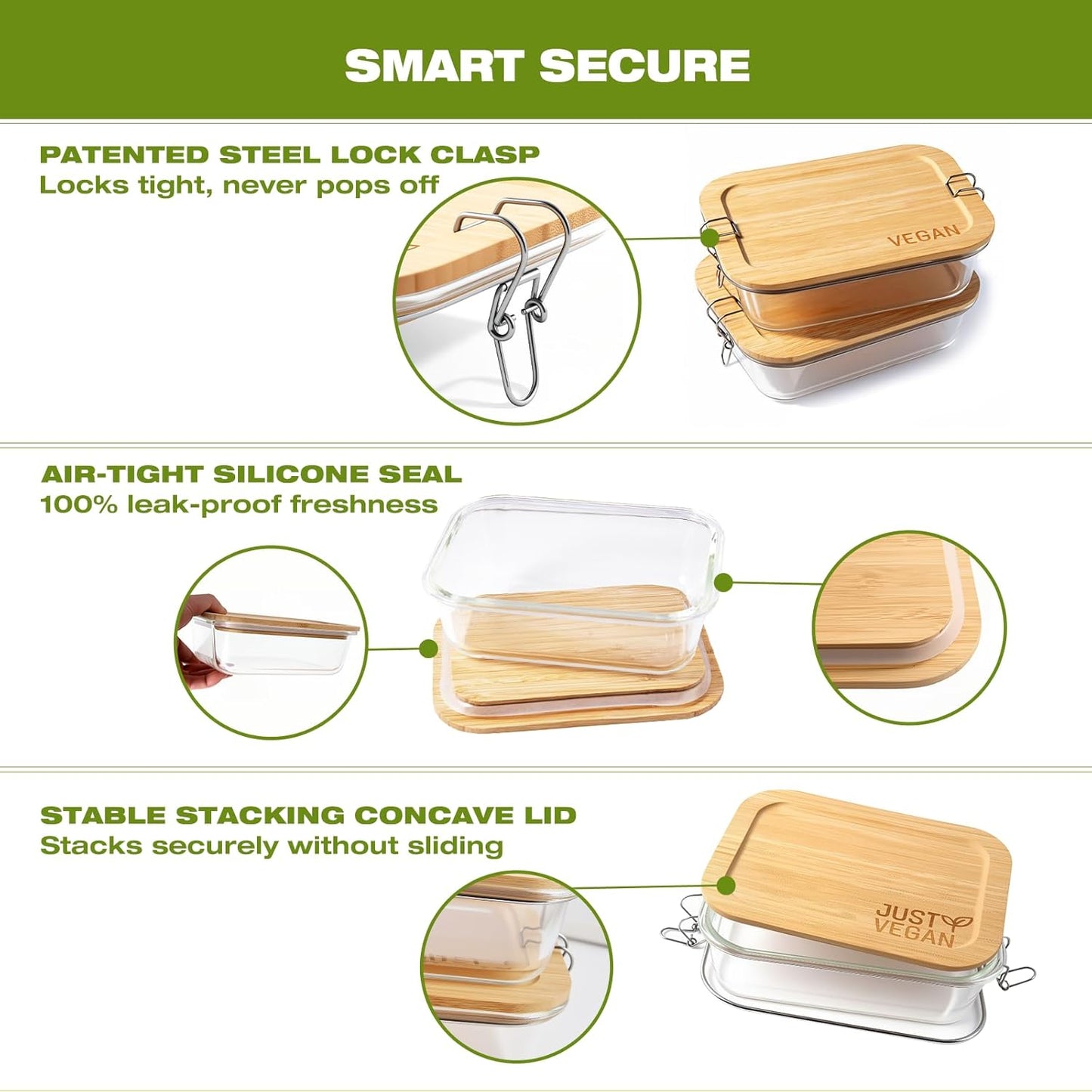 Airtight Glass Food Storage Containers with Bamboo Lids, Set of 2 Secure-Seal Containers for Meal Prep, 100% Leakproof, Plastic Free, Oven & Microwave Safe (2 Pack)
