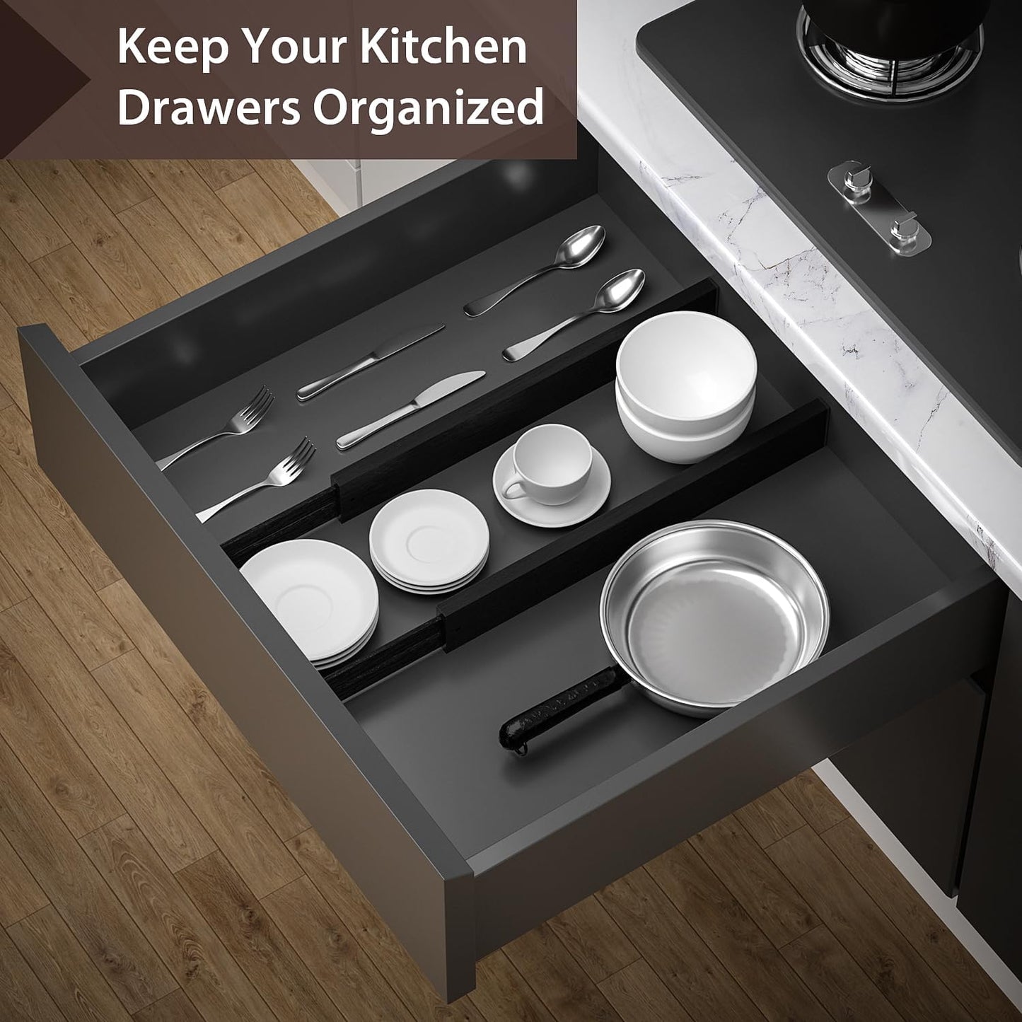 4 PCS Drawer Divider, 17"-22" Adjustable Bamboo Drawer Dividers Organizers, Expandable Separators for Kitchen, Clothes, Dressers, Home, Office, Black