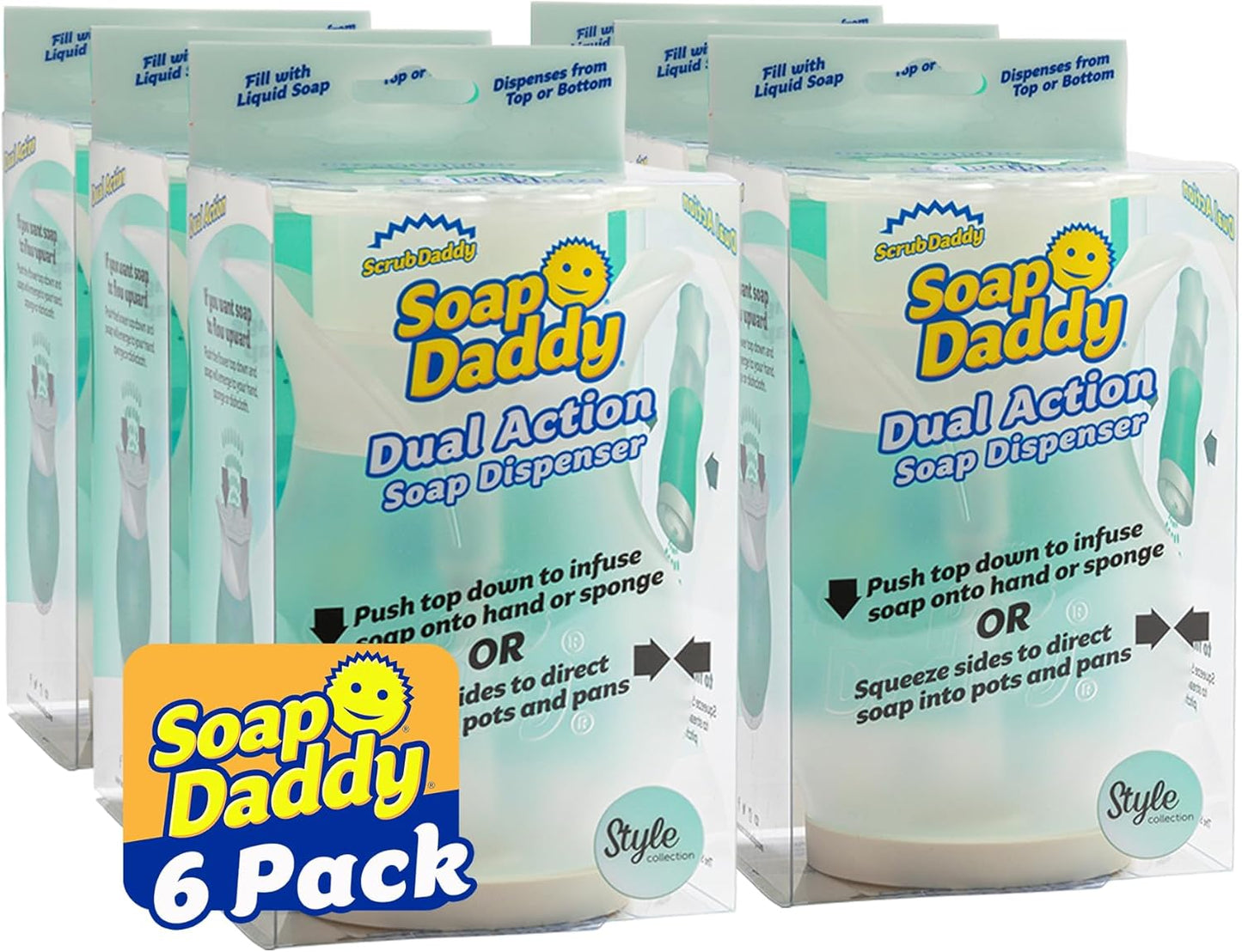 Scrub Daddy Soap Daddy - Dual-Sided Liquid Dish Soap Dispenser for Kitchen Sink + Bathroom Cleanup - Refillable + Easy to Use Countertop Essential - Use with Dish or Hand Soap - 1 Count (6 Pack)