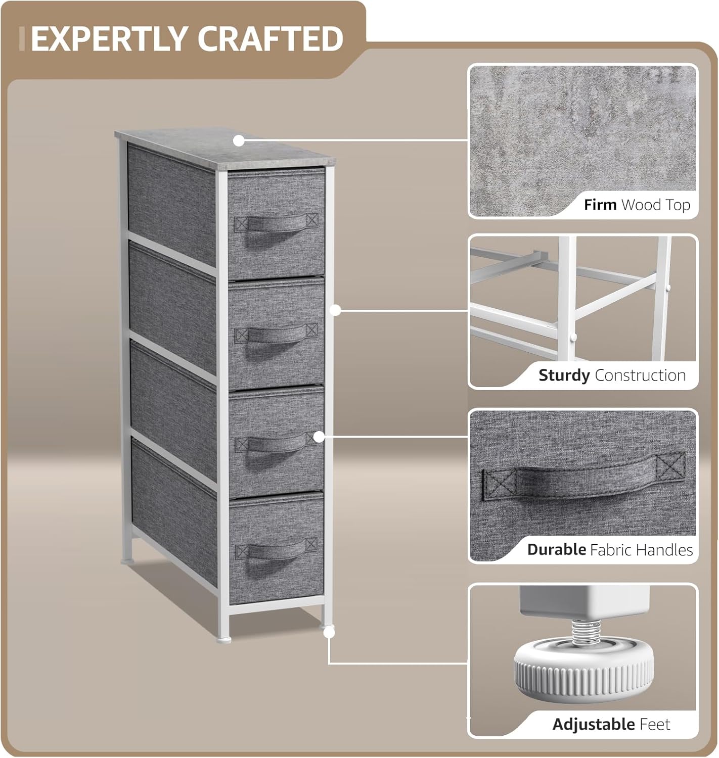 Sorbus Narrow Dresser with 4 Drawers - Vertical Slim Storage Chest of Drawers with Steel Frame, Wood Top & Easy Pull Fabric Bins for Small Spaces, Closets, Bedroom, Bathroom & Laundry (Gray)