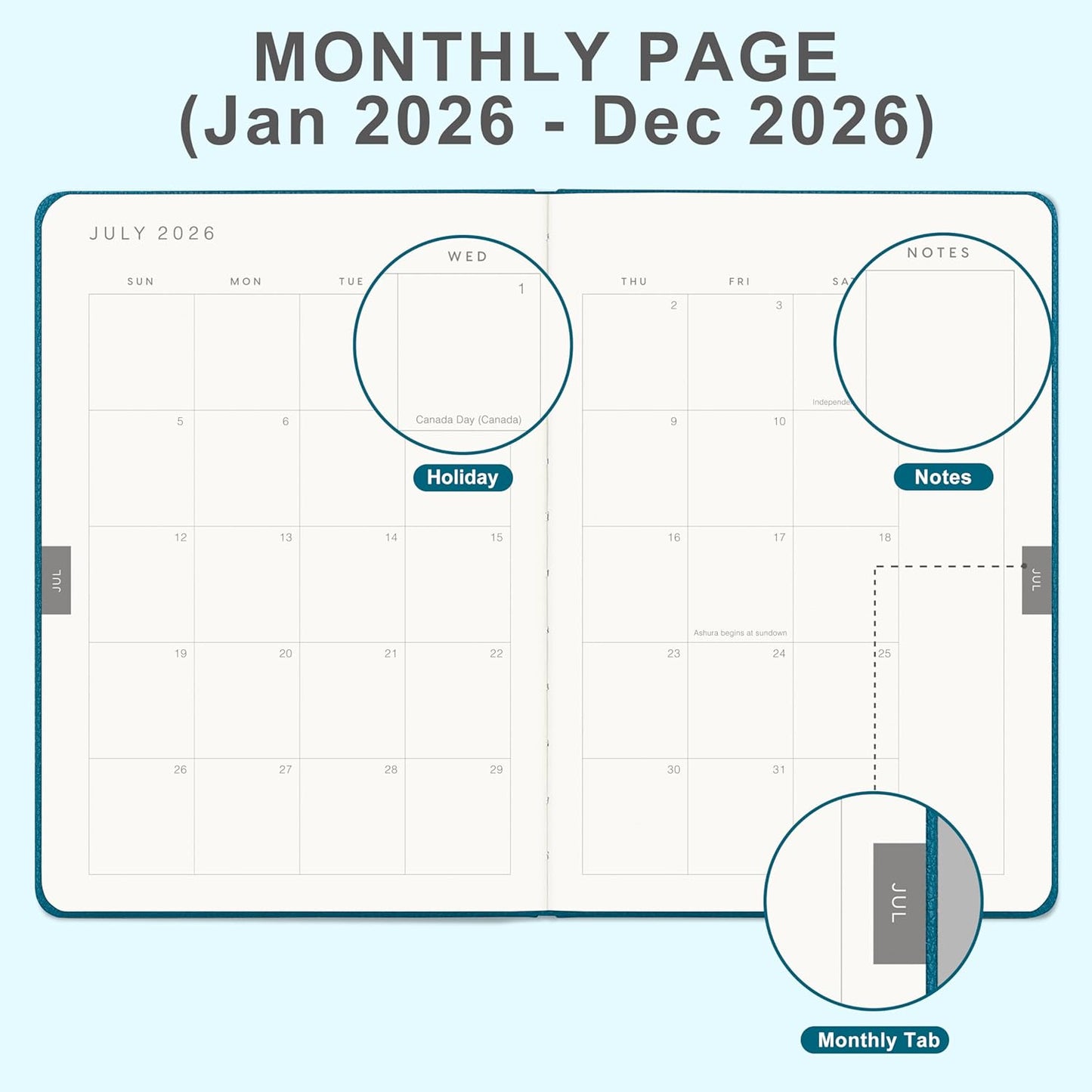 And Per Se 2026 Planner-Daily, Weekly & Monthly Leather Hardcover Planner, 5.7" x 8", Daily Schedule, Monthly Tabs, 100 GSM Thick Paper, Back Pocket(Dark Turquoise)