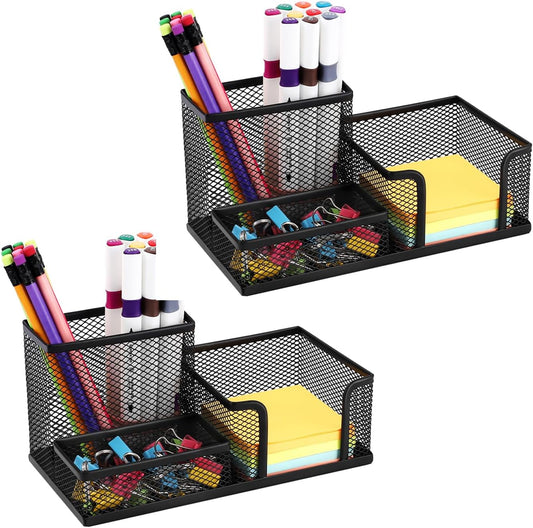 2-Piece Desk Pen & Pencil Organizer - Mesh Metal Pen Cup with Sticky Notes Holder, Black