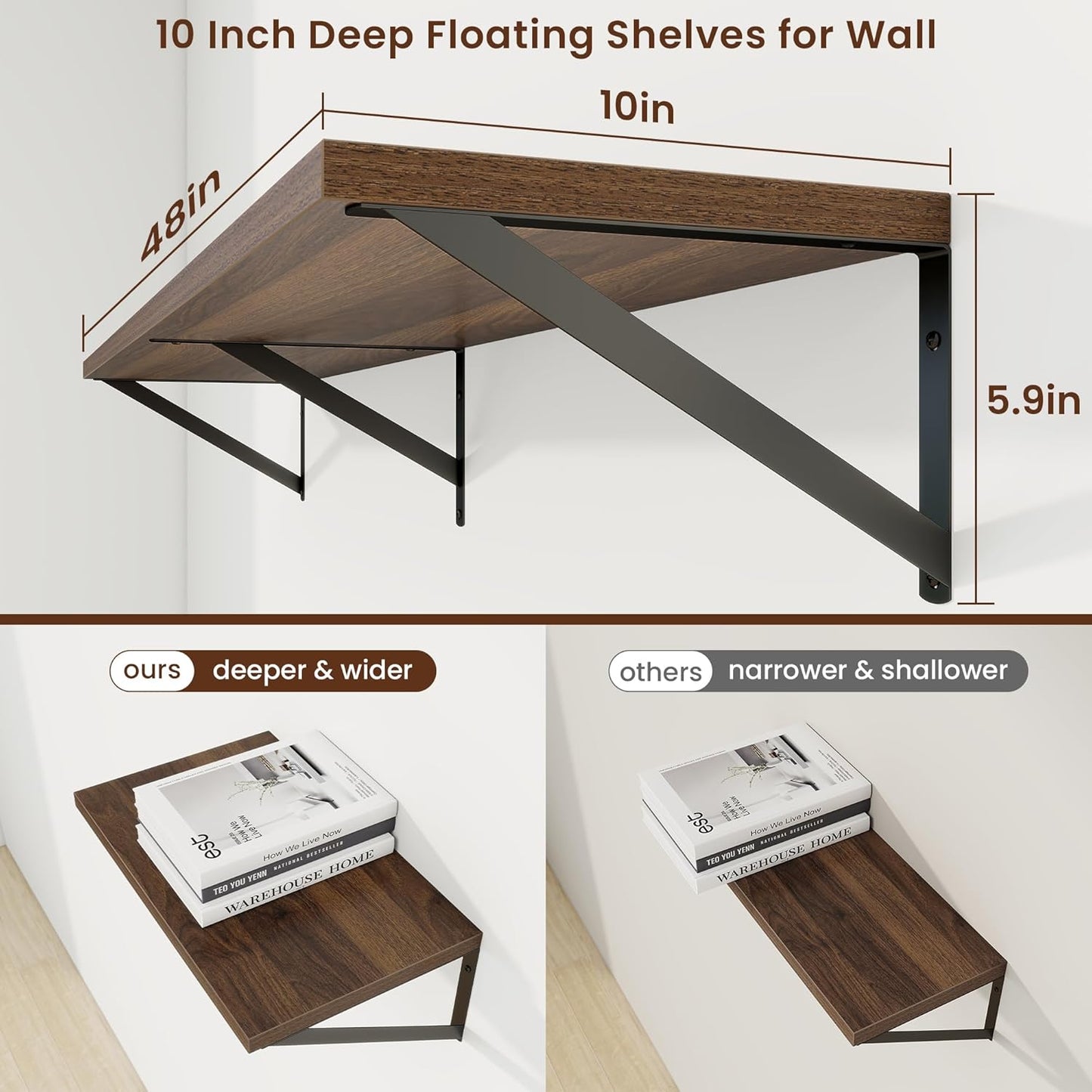 Axeman Deep Floating Shelves for Wall - 48 Inch Wide x 10 Inch Deep Floating Shelves Set of 2 -Walnut Wide Wall Shelves for Living Room Bathroom Bedroom