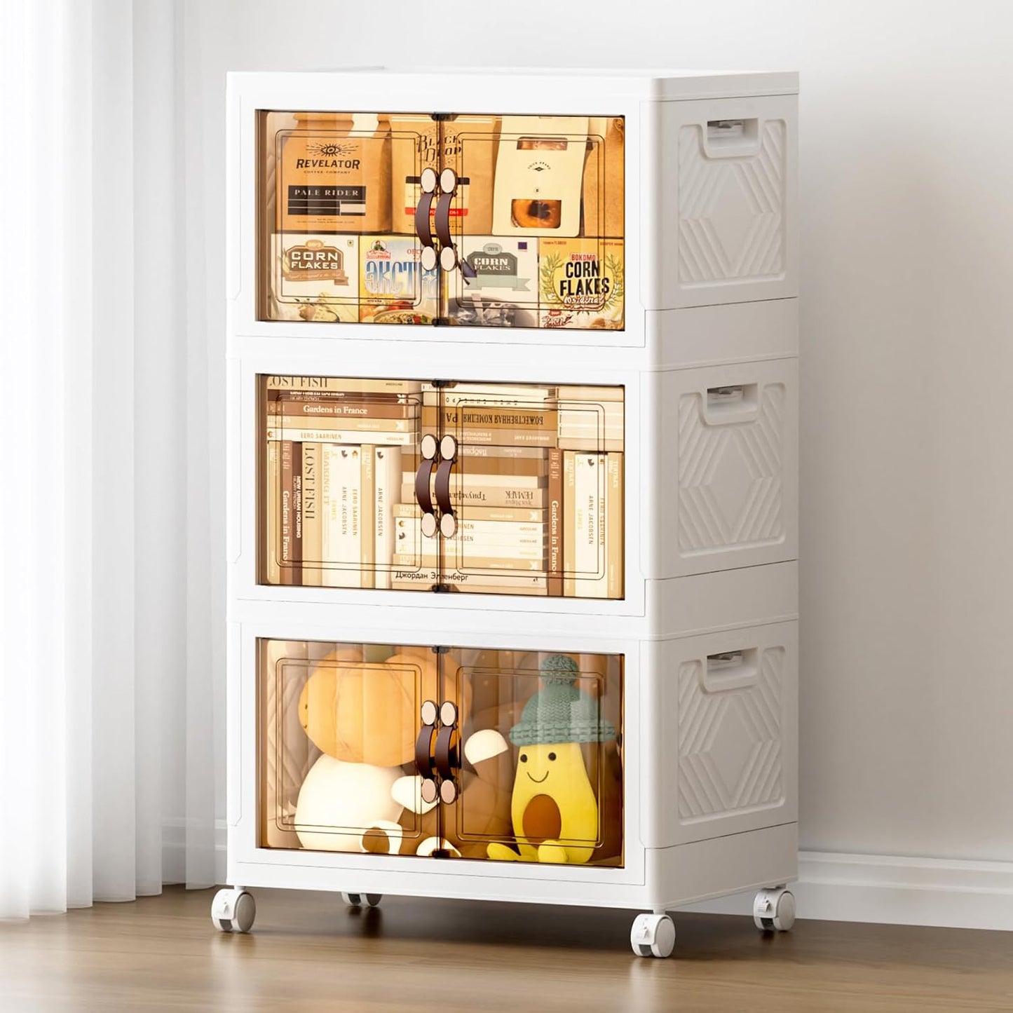 JEKO&JEKO 189Qt Stackable Storage Bins with Lids and Wheels, Foldable Collapsible Plastic Boxes for Clothes, Home, White, 3 Pack