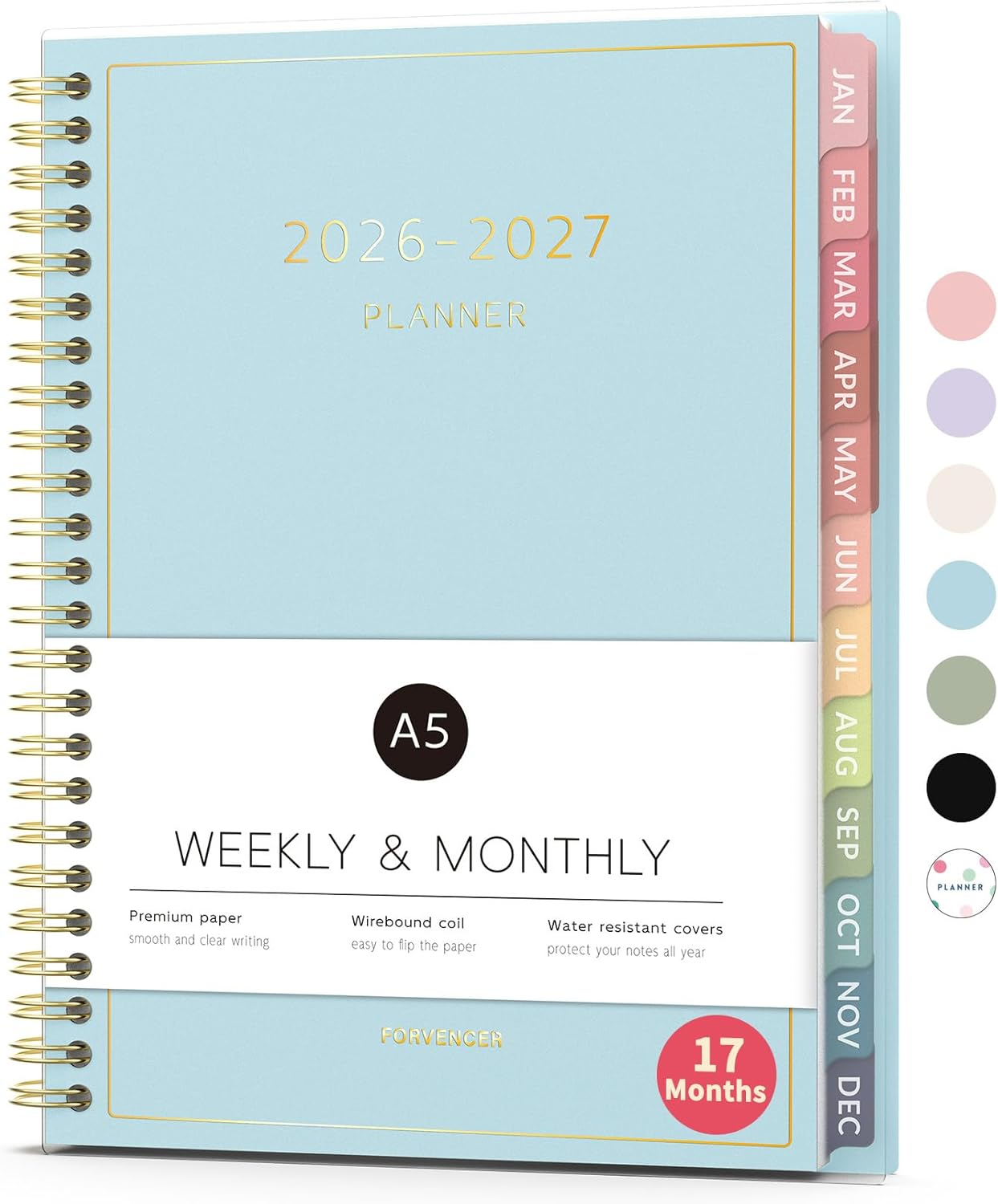 Forvencer Planner 2026-2027, 17 Month Weekly and Monthly Calendar Planner, Jan 2026 -May 2027, 6.3" x 8.4", Daily Agenda Book with Tabs, College Organizer Notebook, School Supplies for Student Teacher Classroom, A5, Sky Blue