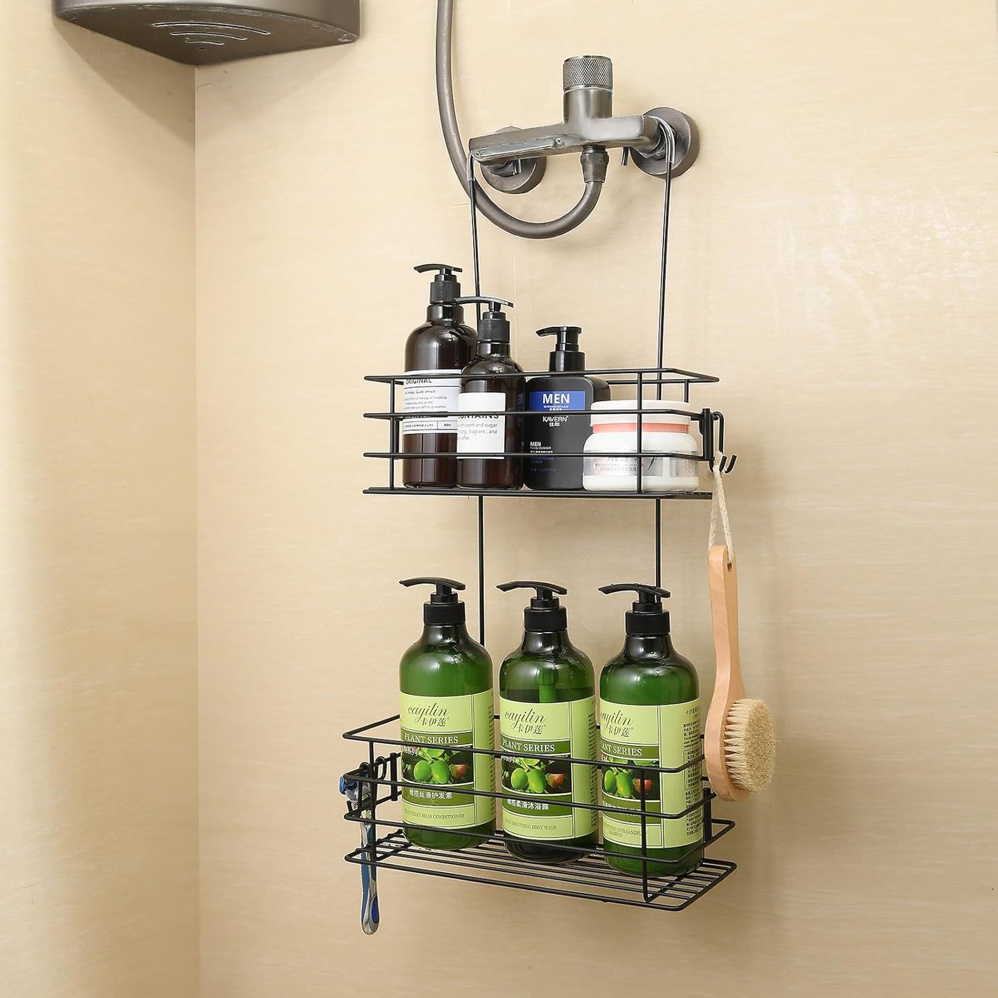 Shower Organizer Hanging Shower Caddy with Rotatable Hook bar Over the Door and Can be Hung on the Faucet or Claw Foot, Stainless Steel Rust Proof and Durable （Black）