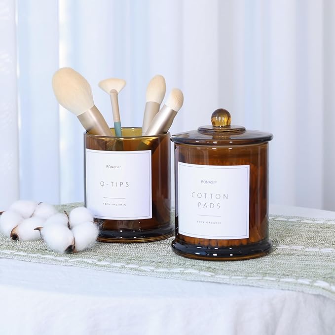 Qtip Holder & Cotton Pad Dispenser, Bathroom Organizer and Storage Canisters, 16oz Glass Apothecary Jars for Kitchen, Restroom - Home Decor Accessories, Room Decor Aesthetic (2 Pack, Amber)