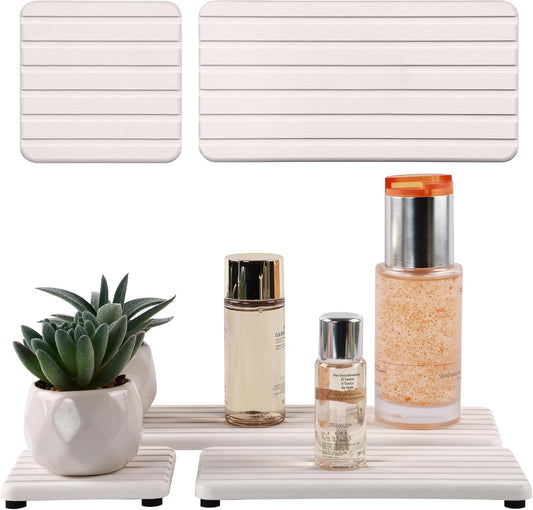 Set of 4 Bathroom Vanity Tray, Quick-Dry Diatomite Kitchen Tray with Non-Slip Pads | Water Absorbing Stone Used for Soap, Sponges, Cosmetics | Eco-Friendly Bath Sink Organizer