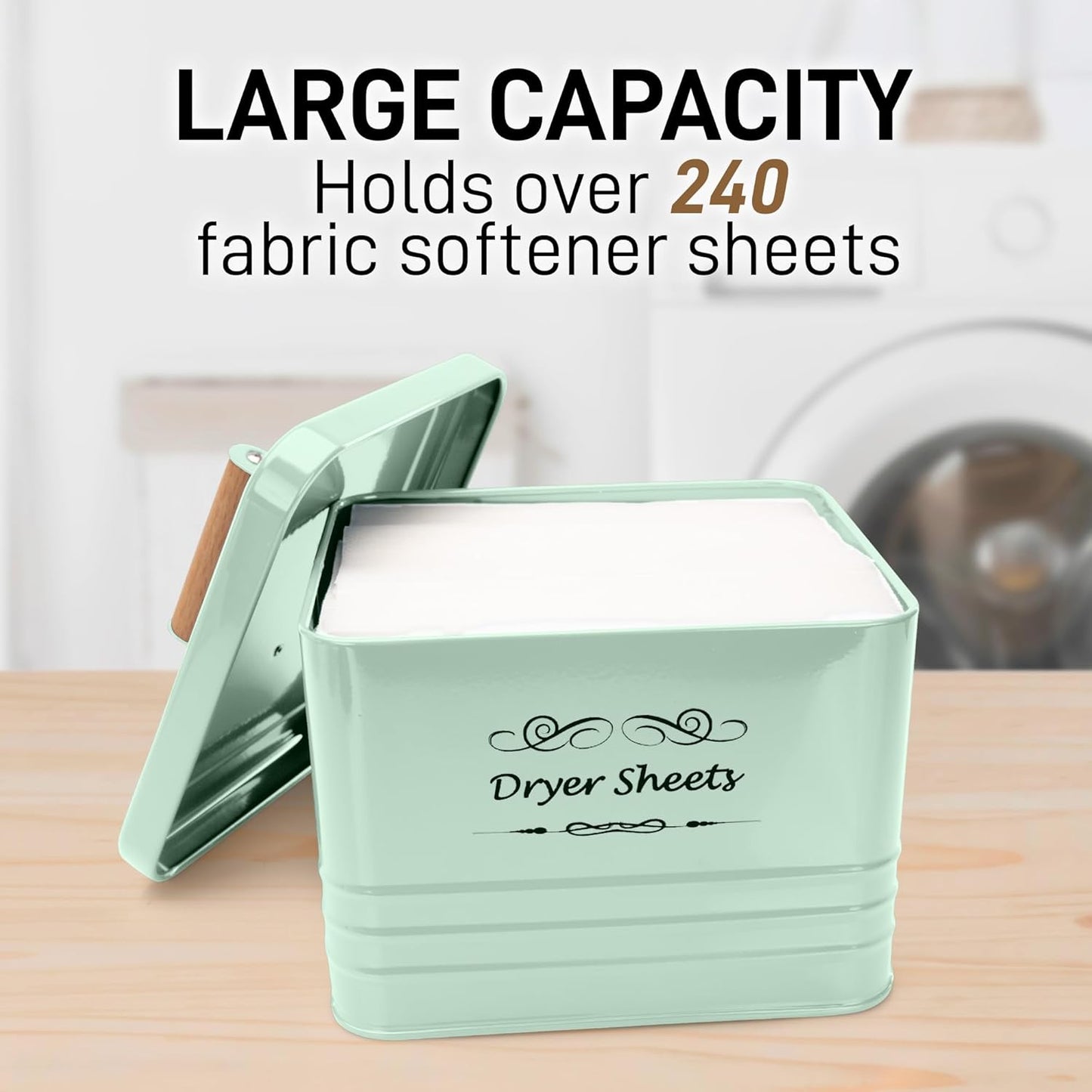 ELITAPRO Dryer Sheets Holder for Laundry Room - Farmhouse Dryer Sheet Box with Lid - Laundry Room Decor & Accessories - Metal Dryer Sheet Container for Laundry Room Organization & Storage (Mint)