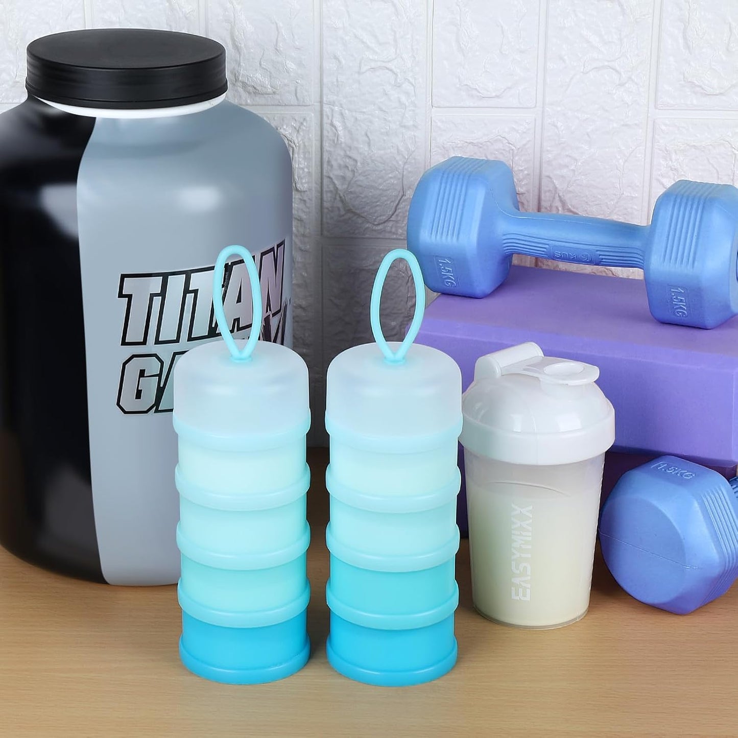 Accmor 2 Pcs Protein Powder Container to Go with Funnels Stand, 4 Compartments Stackable Protein Powder Dispenser for Workout, Fitness, Travel