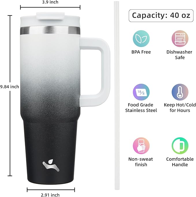 40 oz Tumbler with Handle and 2 Straws,2 in 1 Lid Insulated Water Bottle Stainless Steel Travel Coffee Mug,Day Night
