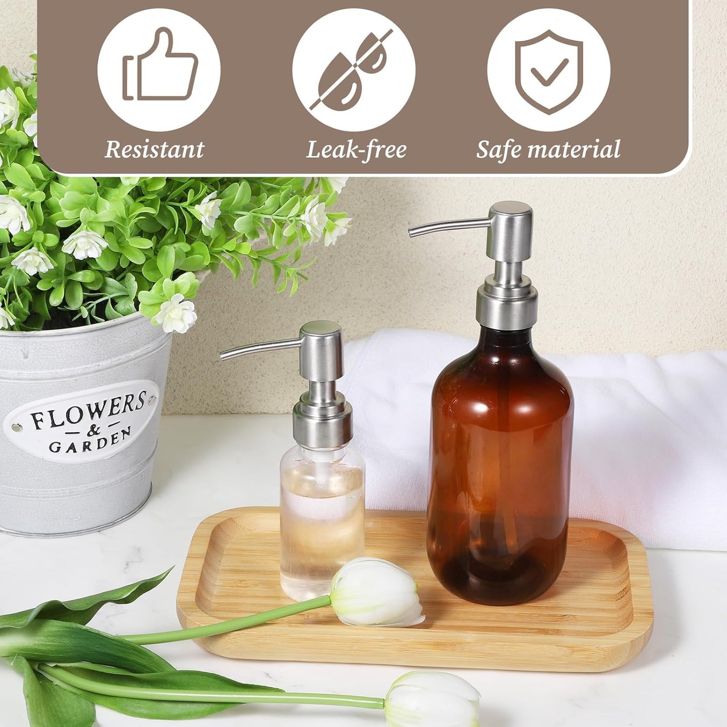 2 PCS Soap Dispenser Pump Replacement, Silver Stainless Steel Soap Pump Replacement Head, Kitchen and Bathroom Soaps Dispenser Pumps for Lotion Bottles, Standard Diameter 28/400 Neck Size