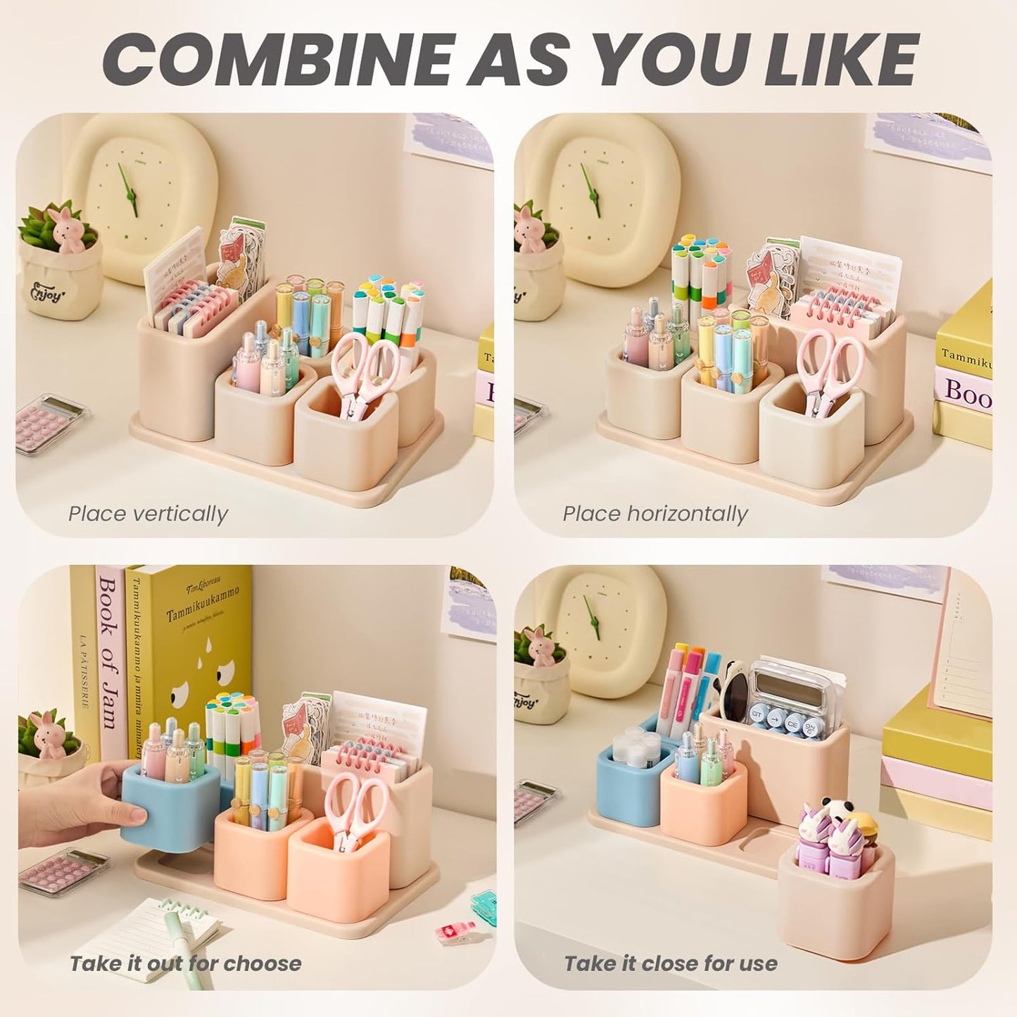 Cute Desk Organizer Countertop – Pen Holder 5 Removable Small Plastic Brush Holder for Bathroom Vanity Desktop, Cosmetic/Skincare/Stationery Storage Display Desk Organizer, for Minimalist Counter