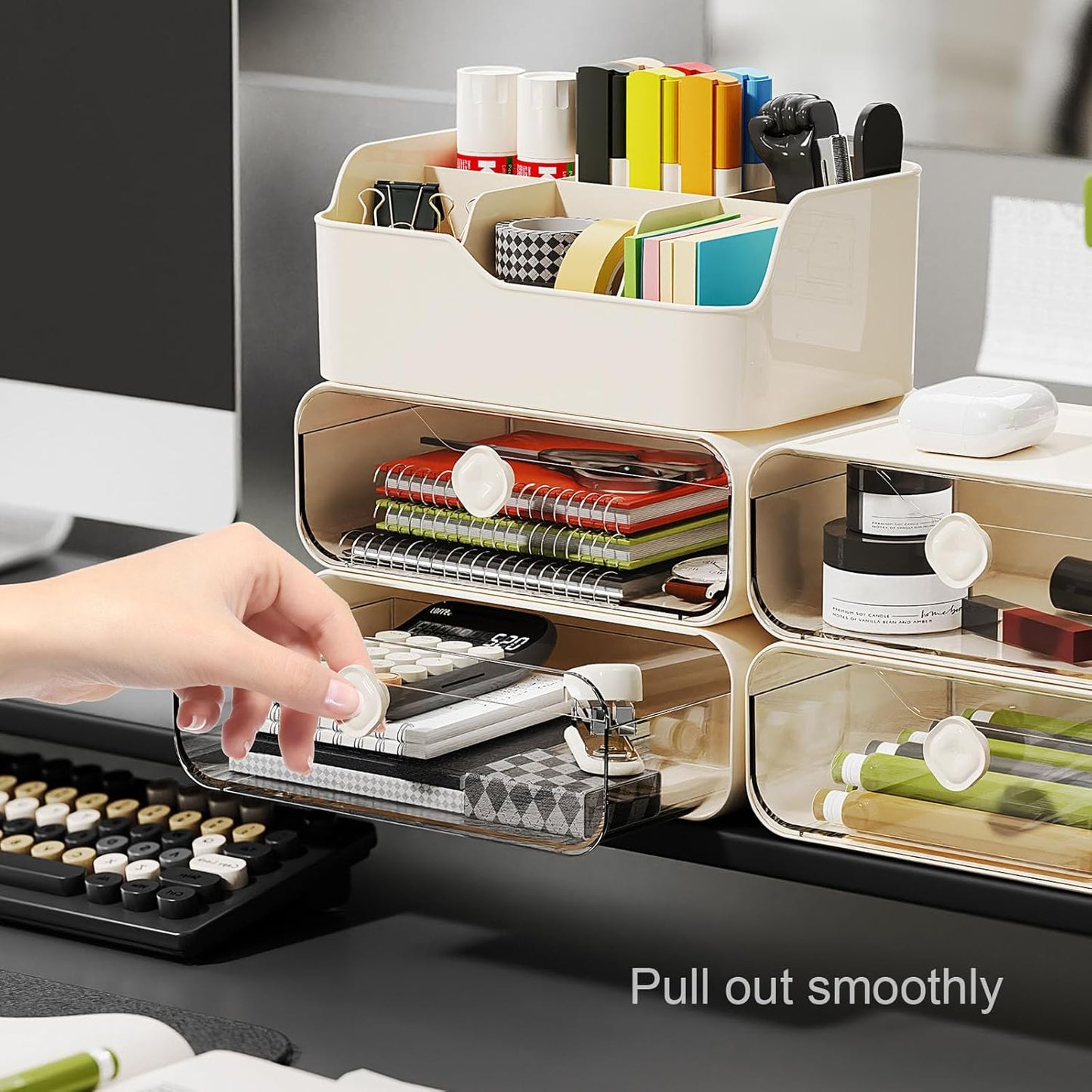 TEAMIX 3 Tier Desk Organizer with 2 Clear Drawers & 6 Slots, Stackable Desktop Drawer Organizer, Plastic Pencil Pen Holder Stationary Storage Makeup Organizer for Office/School/Art Supplies (White)