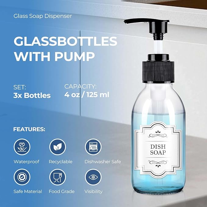 Glass Pump Bottle Dispenser 4 oz, 3 Pack, Black Caps, Labels - Glass Bottles with 1 Extra Pump Tops