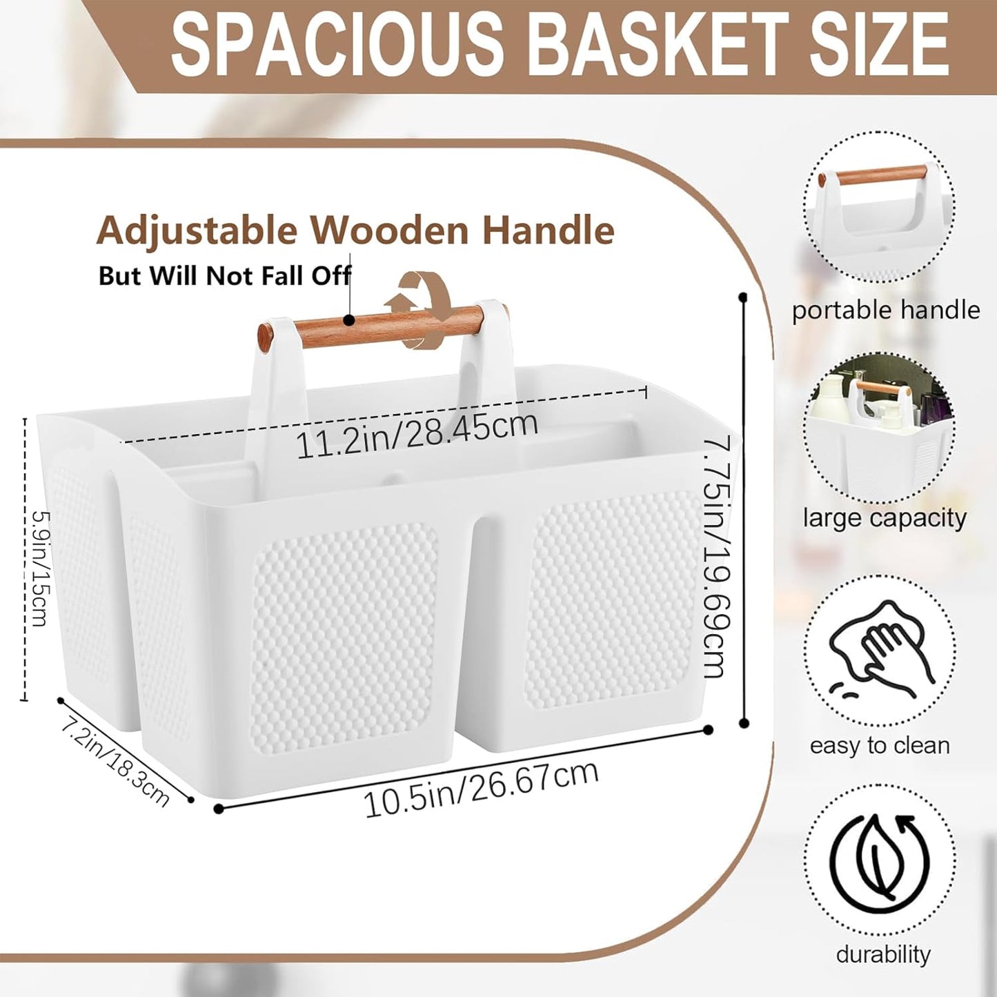 Haundry Plastic White Shower Caddy Basket with 3 Compartments, Portable Divided Bathroom Cleaning Caddy Organizer Storage Tote with Handle for Dorm, College, Room Essentials