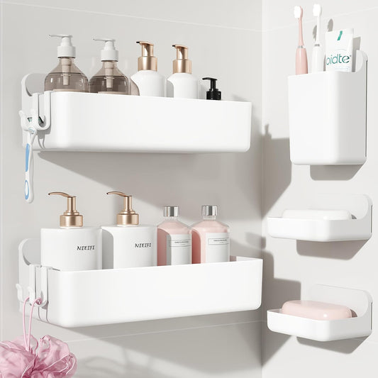 Nieifi Adhesive Wall Shelf, Shower Shelves 5 Pack with Soap Holder, Shower Organizer for Bathroom Organization, White