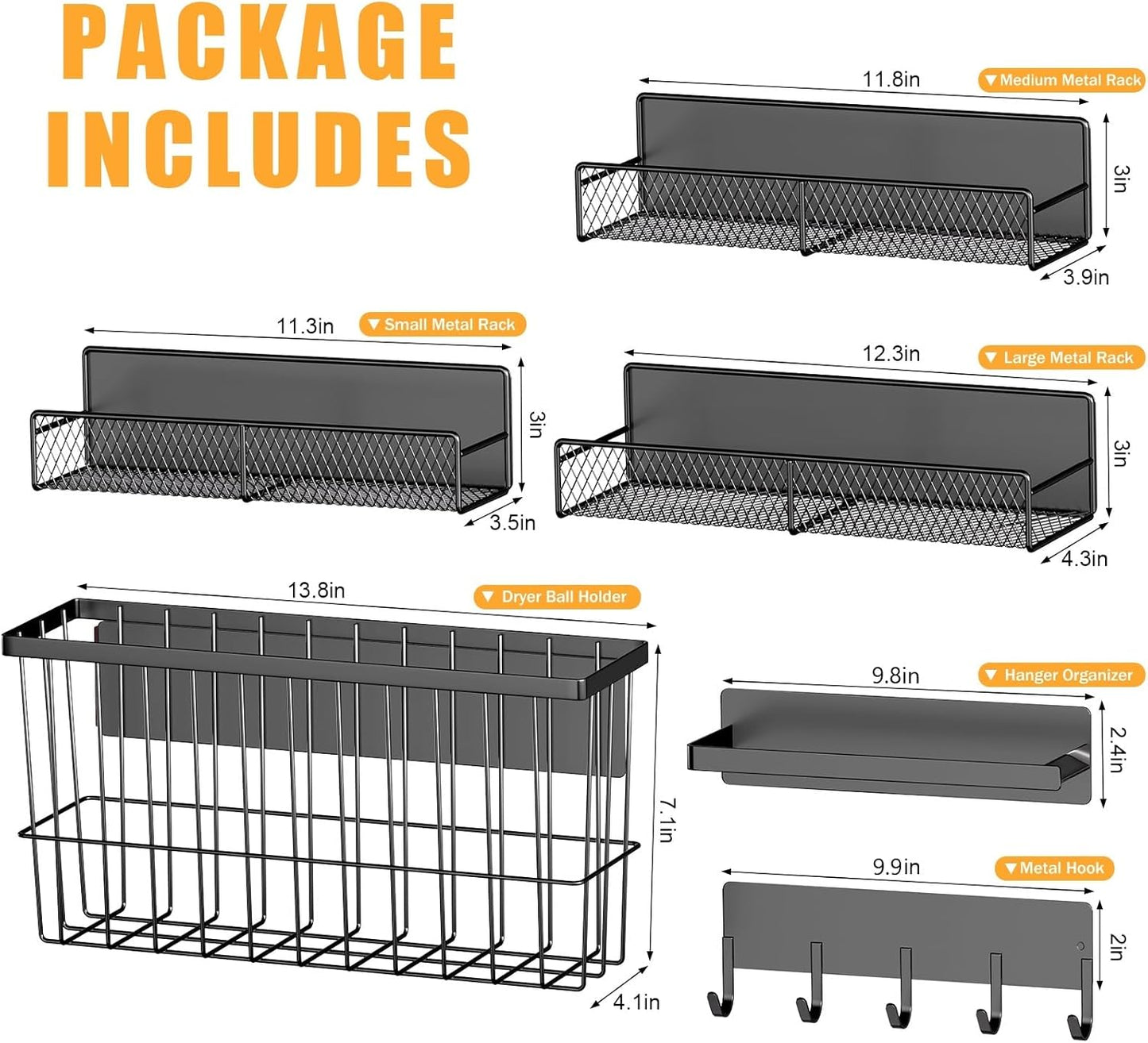 6-Pack Magnetic Shelves for Washing Machine & Refrigerator, Heavy-Duty Laundry Organizer with Hanger Holder & Deep Baskets, Metal Storage System for Laundry Room (Black)