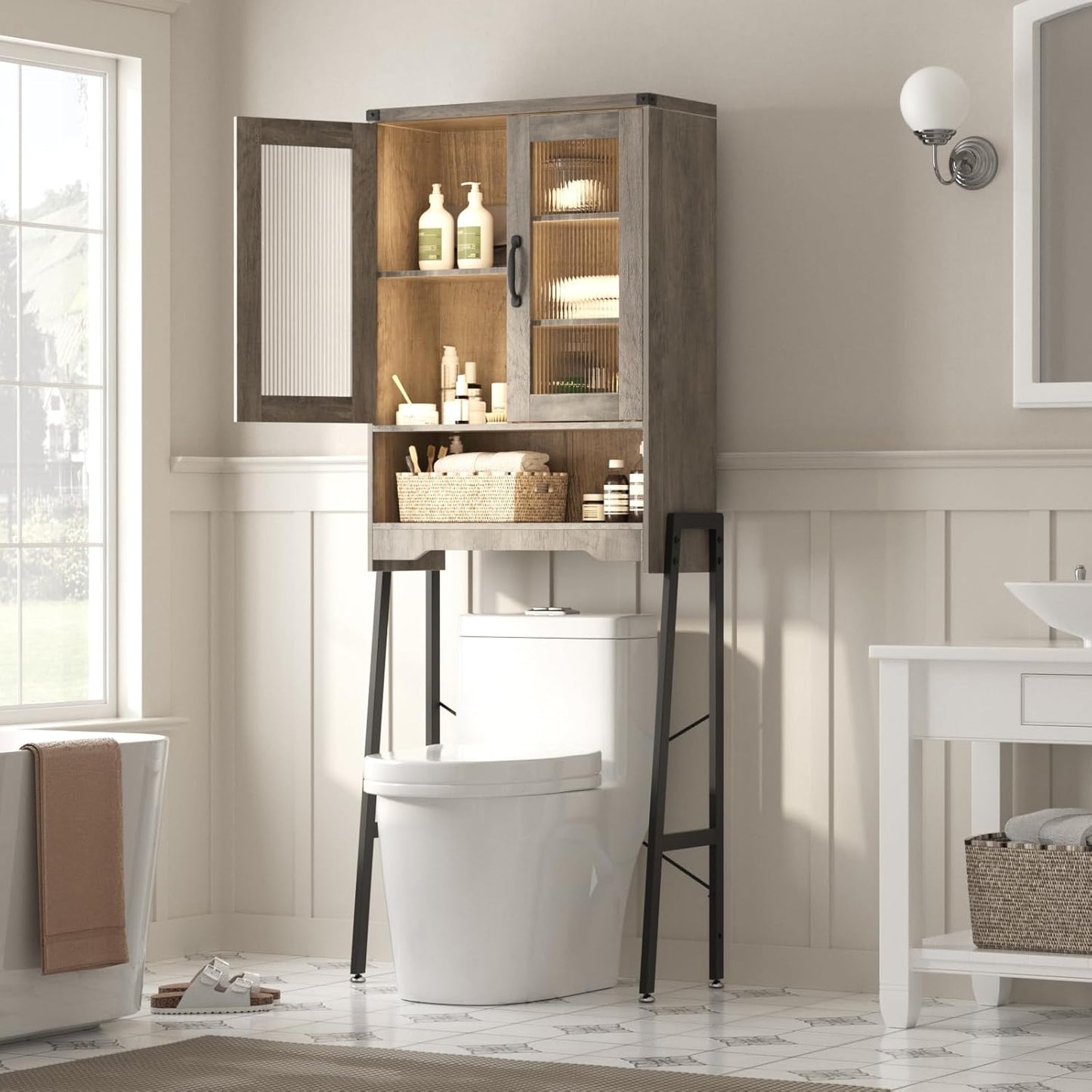 Over The Toilet Storage Cabinet with Tempered Glass Doors and Adjustable Shelf, Bathroom Organizer with Metal Stand Space Saver Over Toilet , Modern Toilet Rack for Bathroom, Restroom, Laundry, Grey