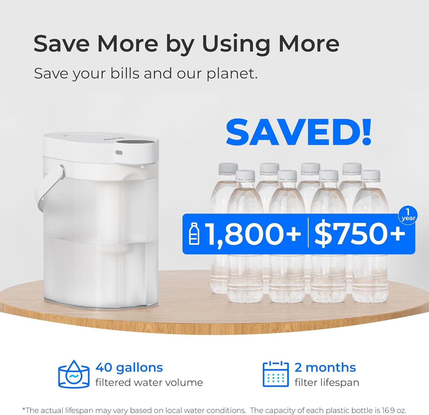 Waterdrop FreshTaste Instant Water Filter Pitcher with 2 Filters, Rechargeable Powerful Dispenser, Reduce Chlorine, Lead, Copper, Purify, Soften Water, 17-Cup, White, Does not Lower TDS