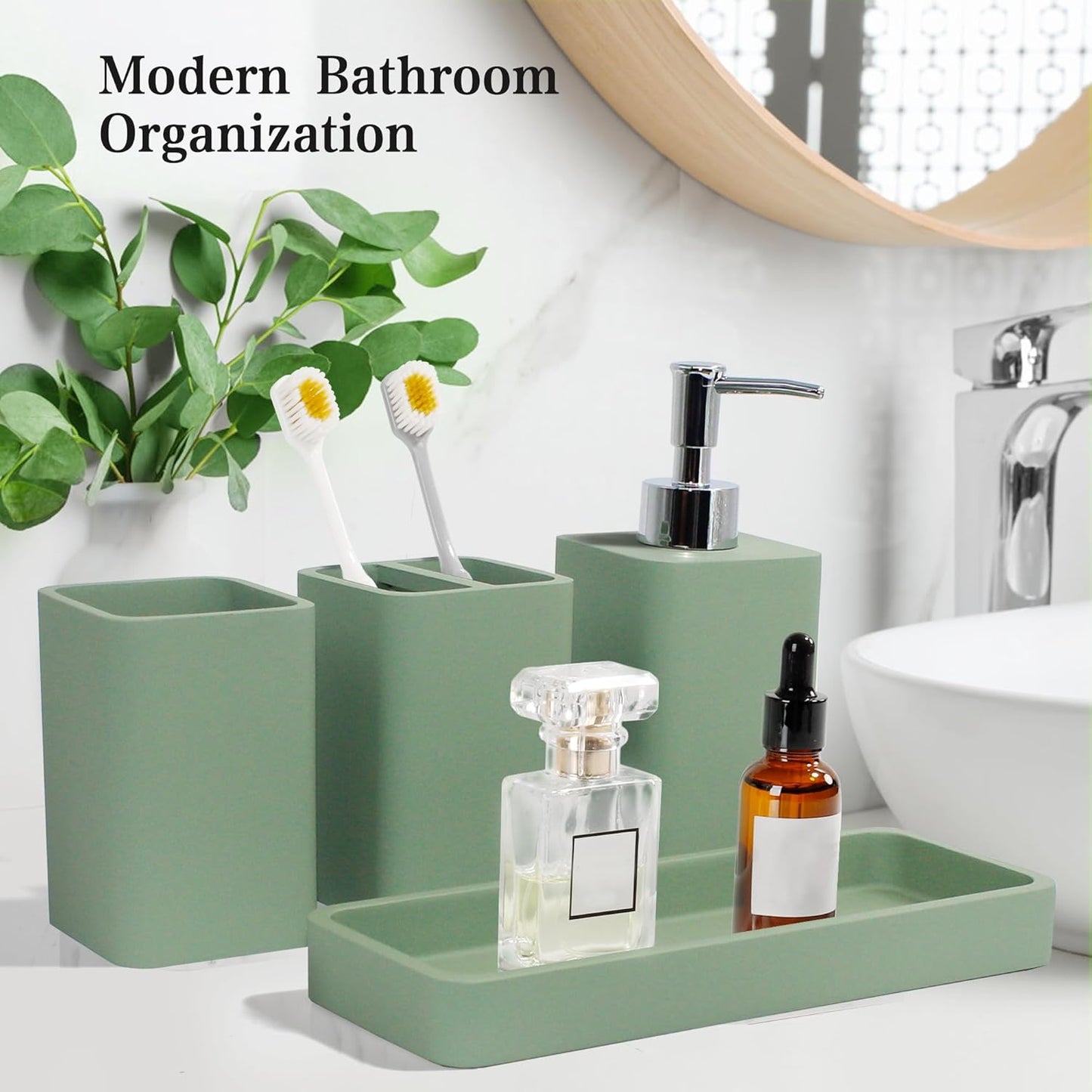 Bathroom Accessories Set, 4 Pcs Bathroom Accessory Set, Soap Dispenser, Toothbrush Holder, Qtip Holder Set, Bathroom Sets Complete, Bathroom Sink Set for Modern Home Decor,Green