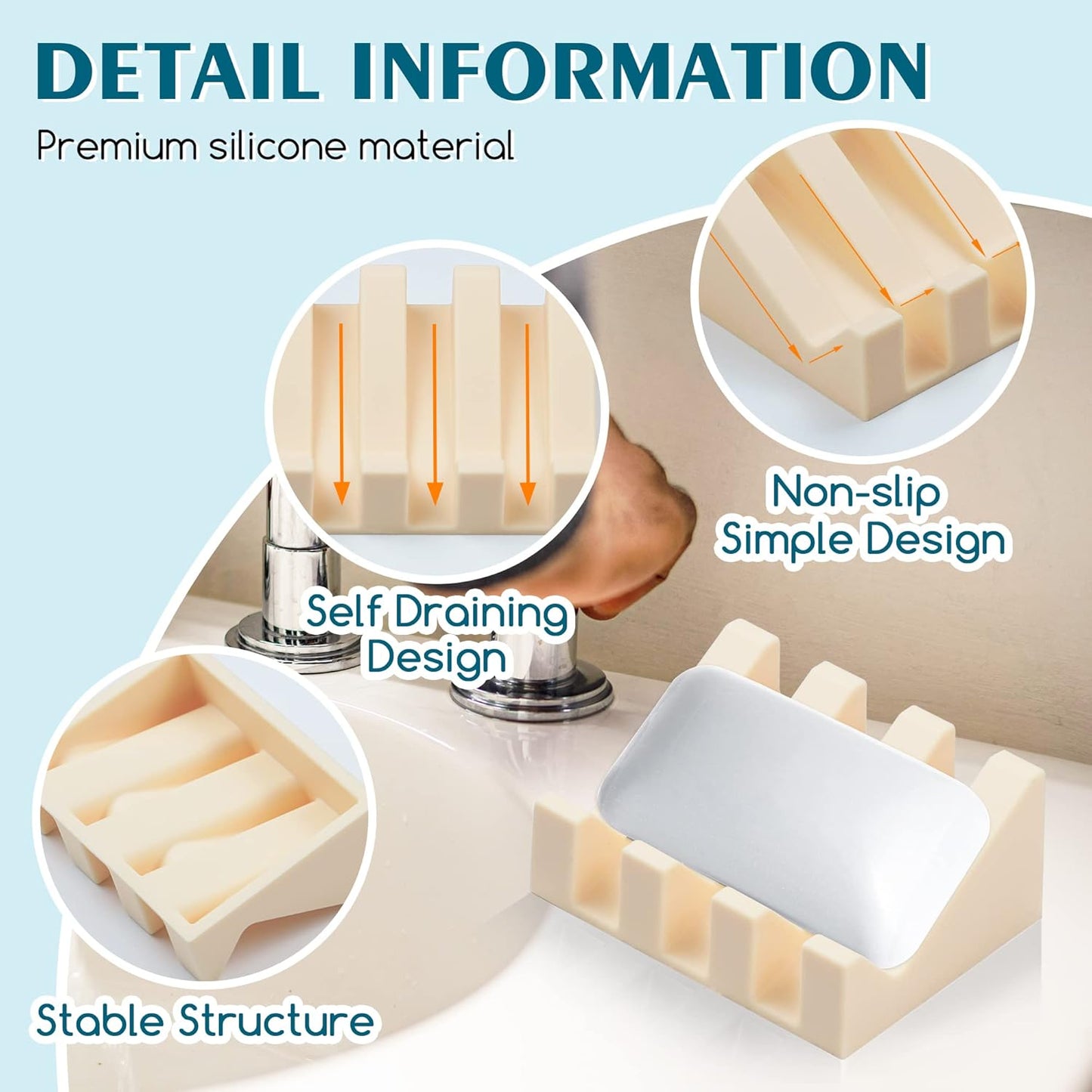 Silicone Soap Dish for Bar Soap Holder for Shower Bathroom Self Draining Waterfall Drying Tray Keep Soap Bars Dry Clean & Easy Cleaning (Cream White, 2)