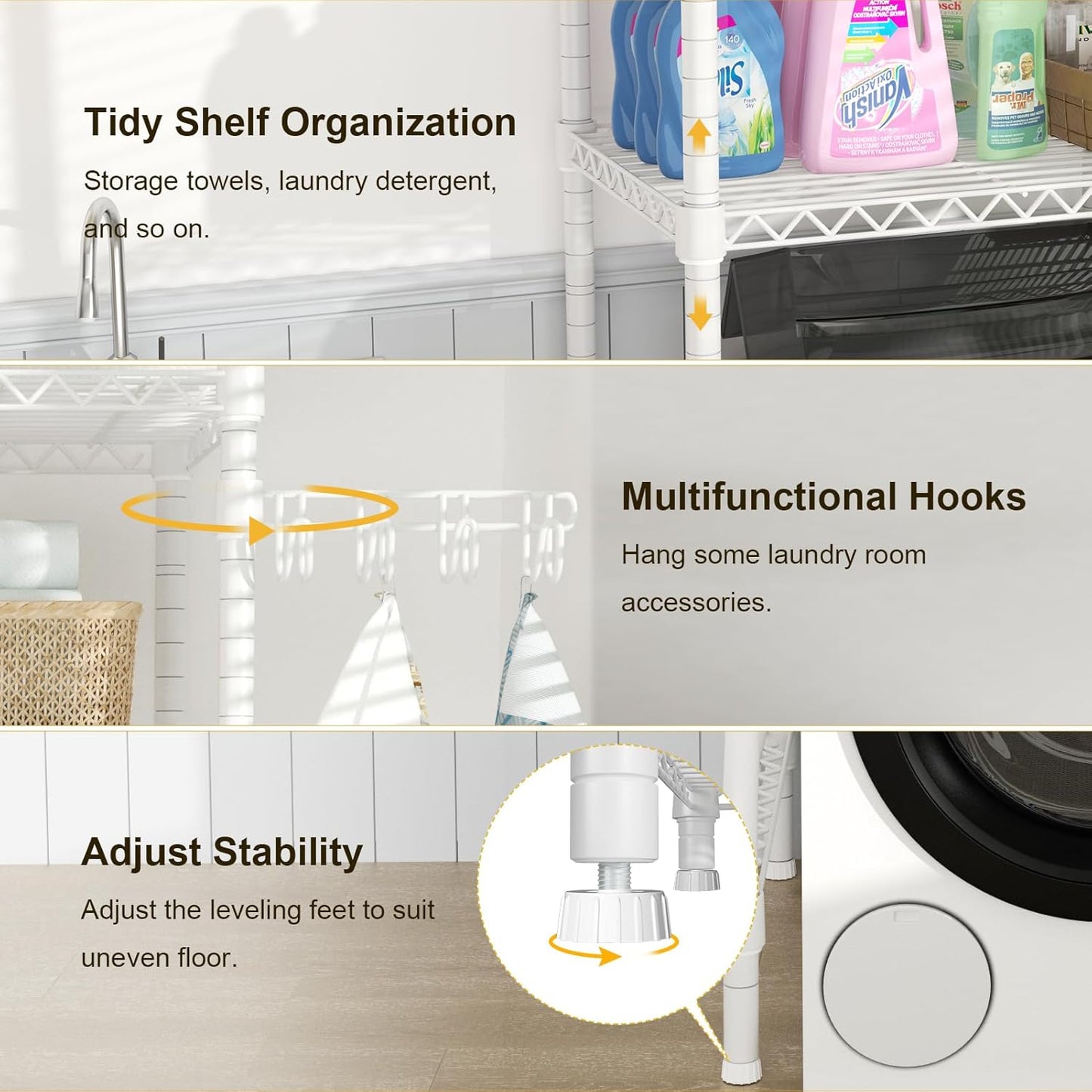 Ulif U8 Medium Laundry Room Storage Organizer, Over the Washer and Dryer Storage Shelves for Laundry Organization, 32.3”W x 17.3”D x 76.2”H, Suit Washing Machine Width within 29.9”, Hold 304 lb, White