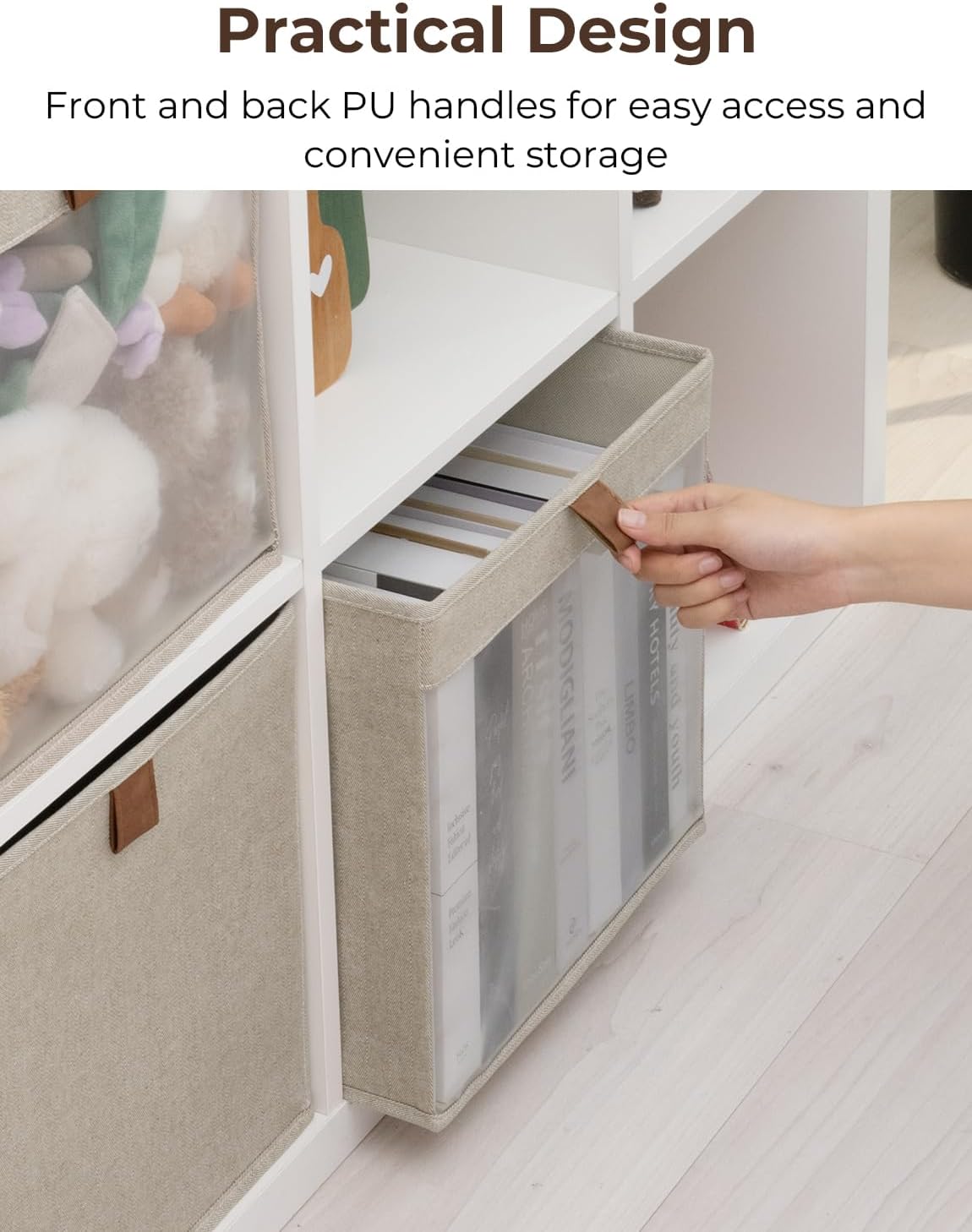 StorageWorks 11x11 Storage Cubes, Closet Storage Bins with Clear Window, Fabric Organizer for Clothes, Collapsible Storage Baskets with PU Handles, Brown and Beige, 3-Pack