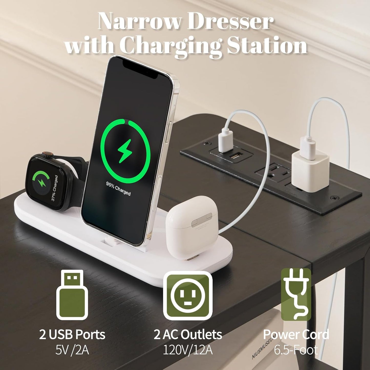 Yoobure LED Narrow Nightstand with Charging Station - Slim Dresser for Bedroom Narrow Side Table Storage Cabinet, Small Dressers Chest of Drawers, Tall Skinny Night Stand End Table for Small Spaces