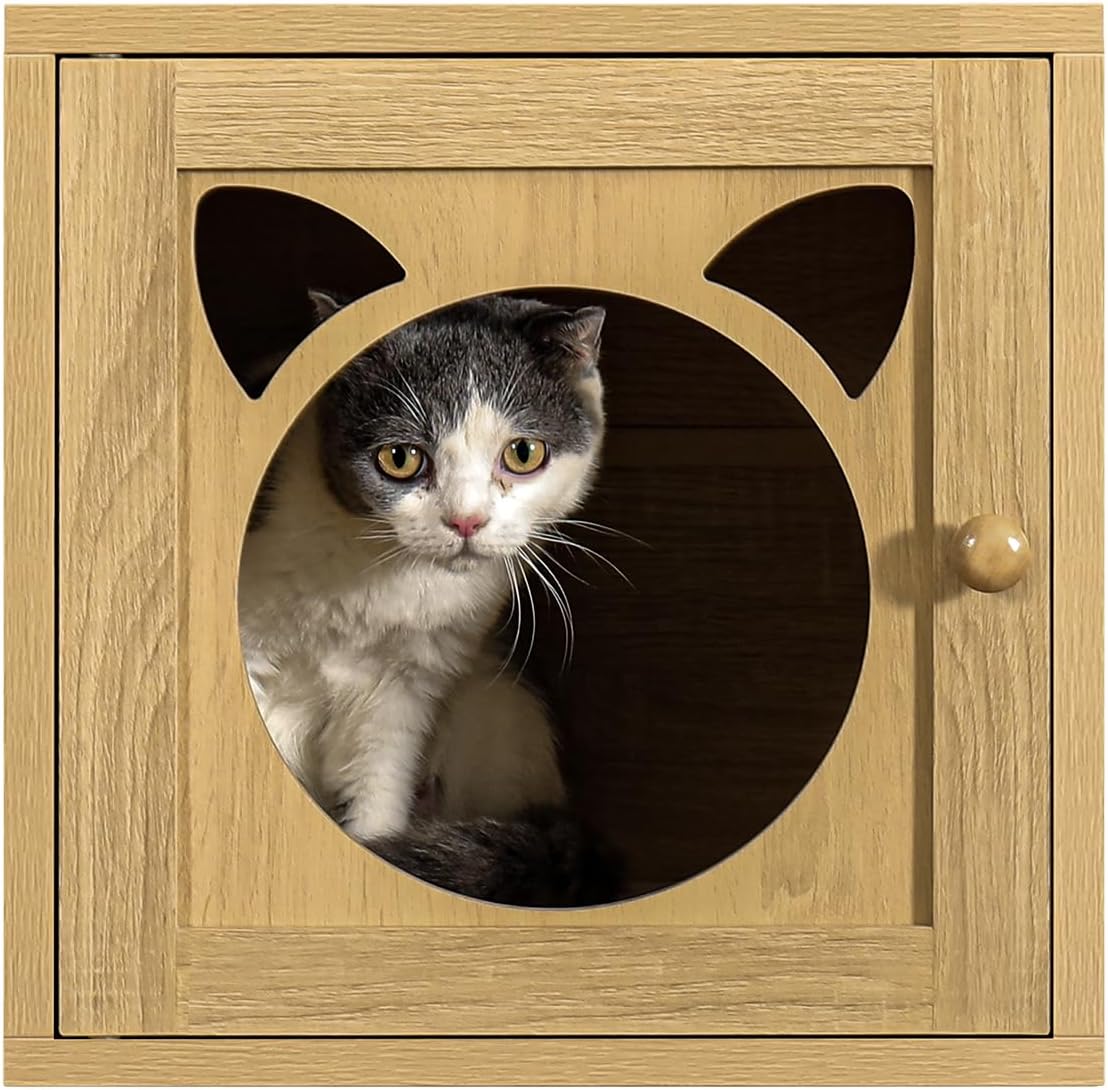 Magic DIY Cube Storage Organizer Stackable Cubes for Home Books Clothes Toy -Modular Cubby Storage System -Closet Organizer -Bookcase Closet(Yellow Oak,Cat Door Cube)