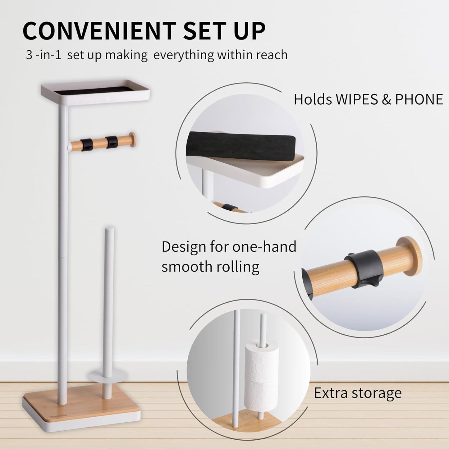 Toilet Paper Holder Stand, Free Standing Toilet Paper Holder with Storage and Top Shelf, White Toilet Paper Stand Weighted Base with Bamboo Design for Bathroom
