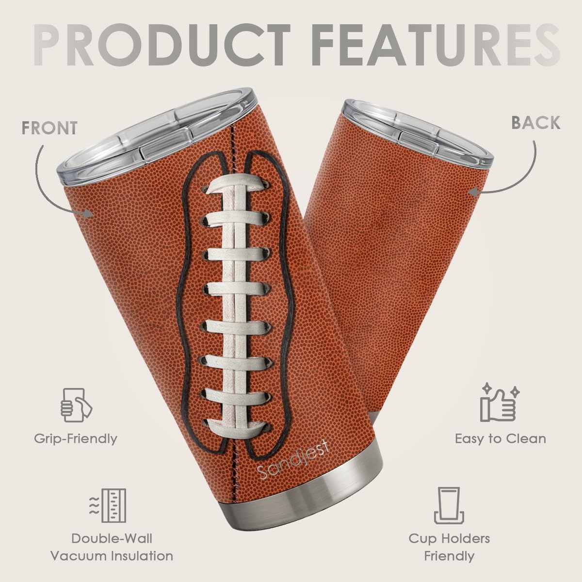 SANDJEST Football Tumbler 20oz Stainless Steel Insulated, Travel Coffee Cup, Sport Tumblers Gifts for Football Lovers, Men Women, Coach, Birthday, Christmas