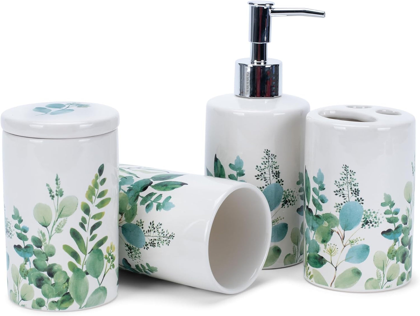 NAT & Jules Chic Modern Rounded 4.5 inch Ceramic Bathroom Accessories Set of 4 - Home Décor & Organization Perfect for Bath or Kitchen Household Essentials, Floral Greenery on Cream White