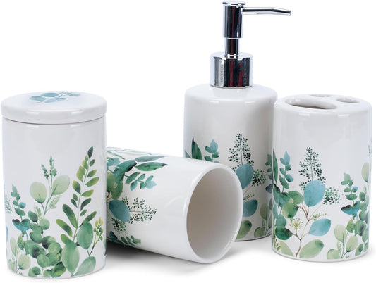 NAT & Jules Chic Modern Rounded 4.5 inch Ceramic Bathroom Accessories Set of 4 - Home Décor & Organization Perfect for Bath or Kitchen Household Essentials, Floral Greenery on Cream White
