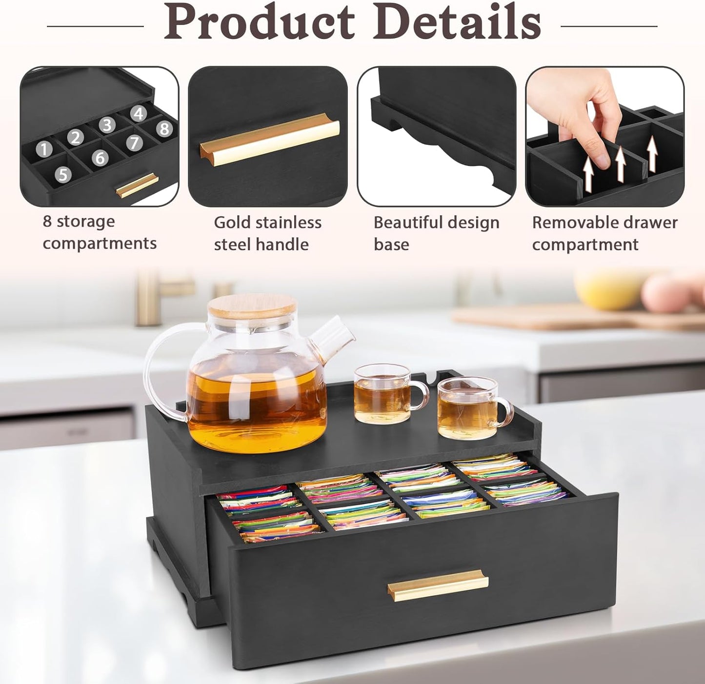 Tea Bag Organizer, Tea Organizers and Storage, Tea Box Organizer Storage Box, Tea Station Organizer for Countertop, Tea Caddy for Wood Tea Holder Organizers for Removable Drawer (Black)