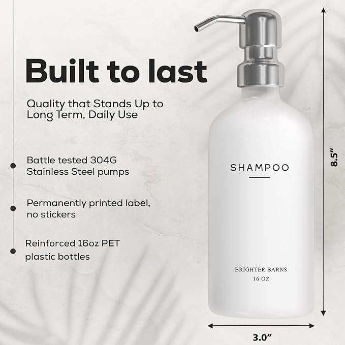White Shampoo and Conditioner Dispenser Set by Brighter Barns - Shower Dispenser for Bathroom - Refillable Plastic Shampoo Bottle & Stainless Steel Pump - Shampoo Dispenser for Vacation Rental (White)