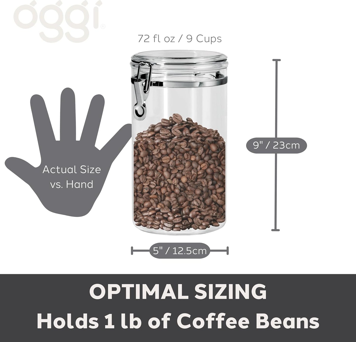 Oggi Large Clear Canister with Clamp Lid, 72 oz - Large Airtight Food Storage Container, for Kitchen & Pantry Storage of Bulk, Dry Foods, Pasta, Flour, Sugar, Coffee, Rice, Tea, Spices & Herbs