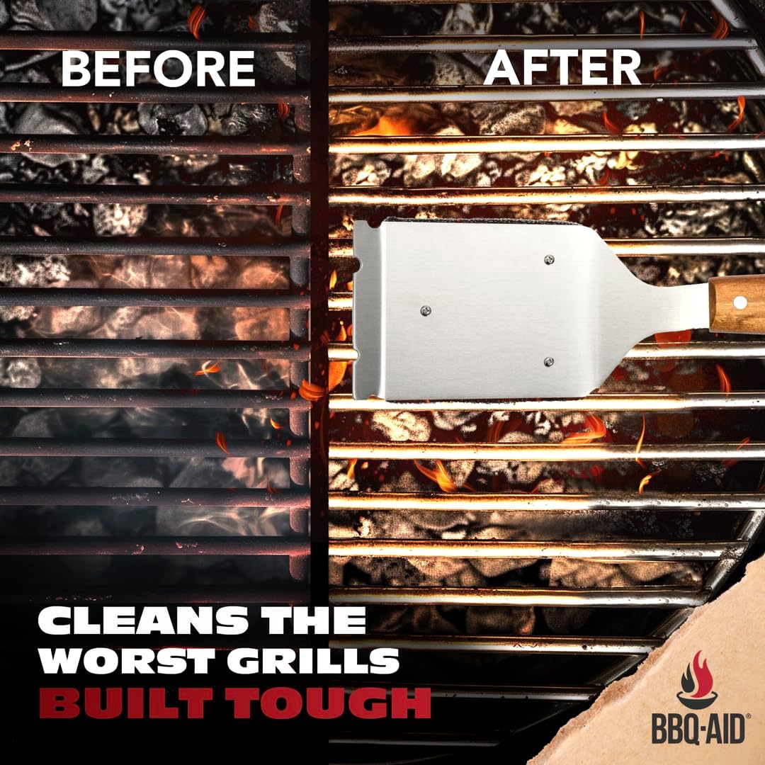 BBQ-AID Bristle Free Grill Brush and Scraper for Barbecue - Extended Large Wooden Handle with Replaceable Head - No Scratch BBQ Cleaning Accessories for Outdoor Grills