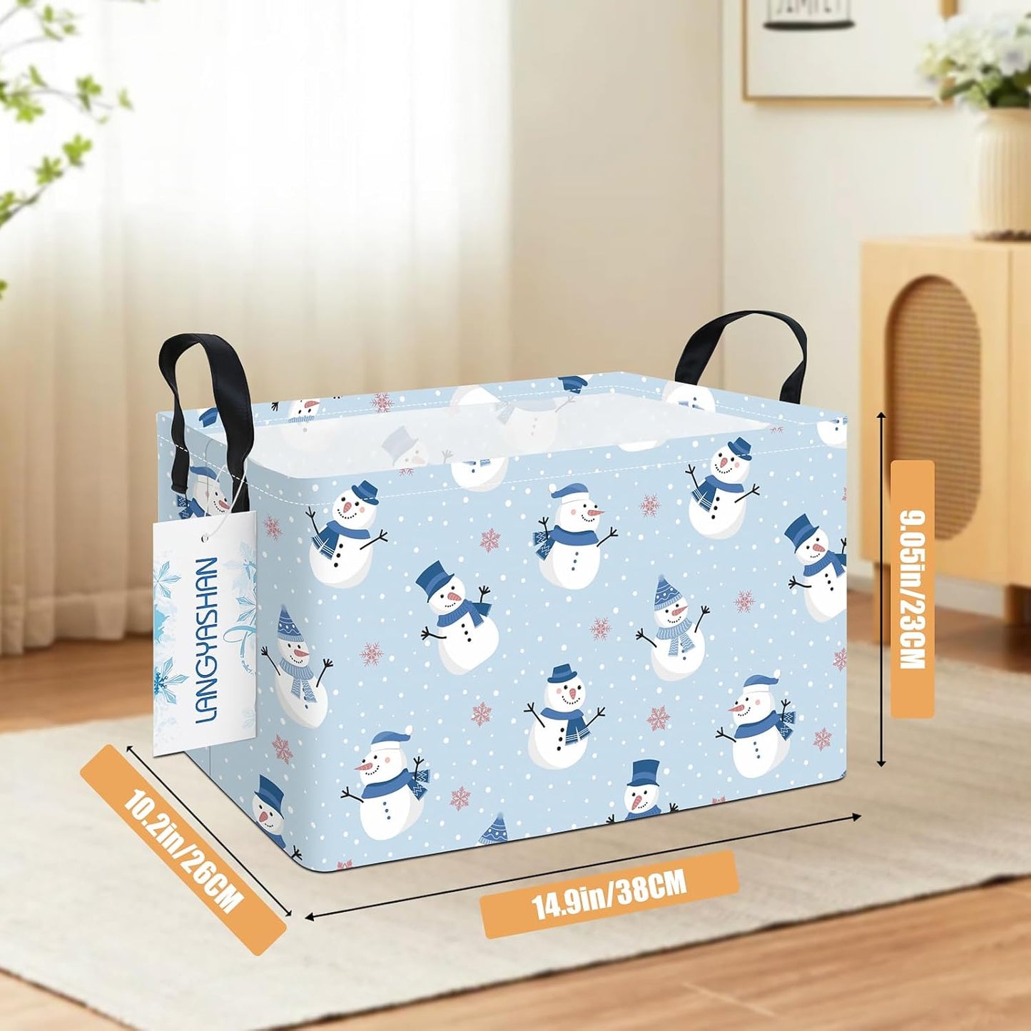 LANGYASHAN Rectangular Christmas Snowman Storage Basket with Handles for Organizing Home Kitchen Boys and Girls Toys Office Closet Shelf Baskets (Rec Christmas Snowman)