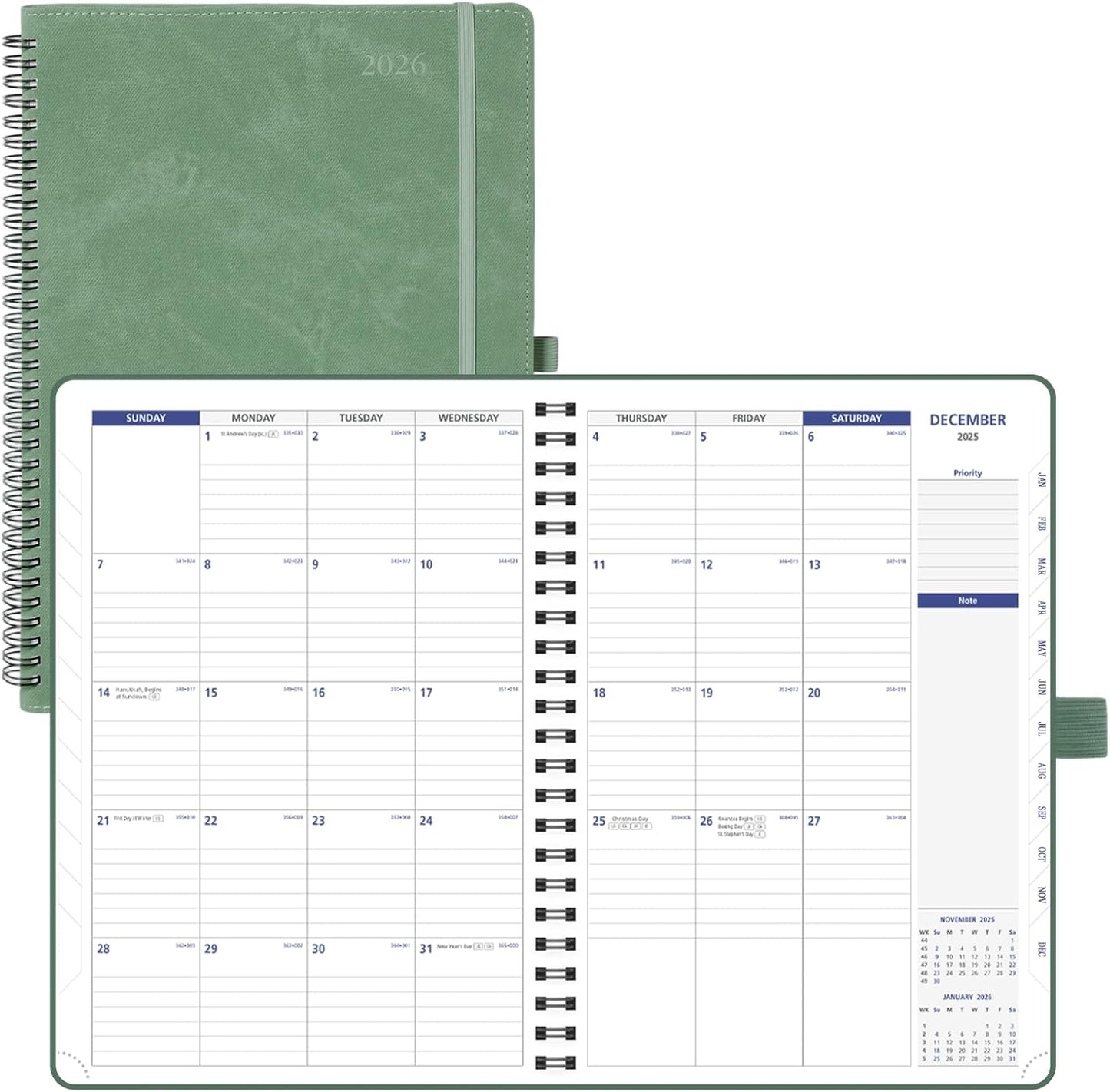 POPRUN 2026-2027 Monthly Planner A4 Size, 16 Months Calendar (Dec 2025-Mar 2027), 2 Pages per Month with Dotted & Lined Note, Monthly Tabs, Spiral Softcover, 2 Inner Pockets - Midnight Green