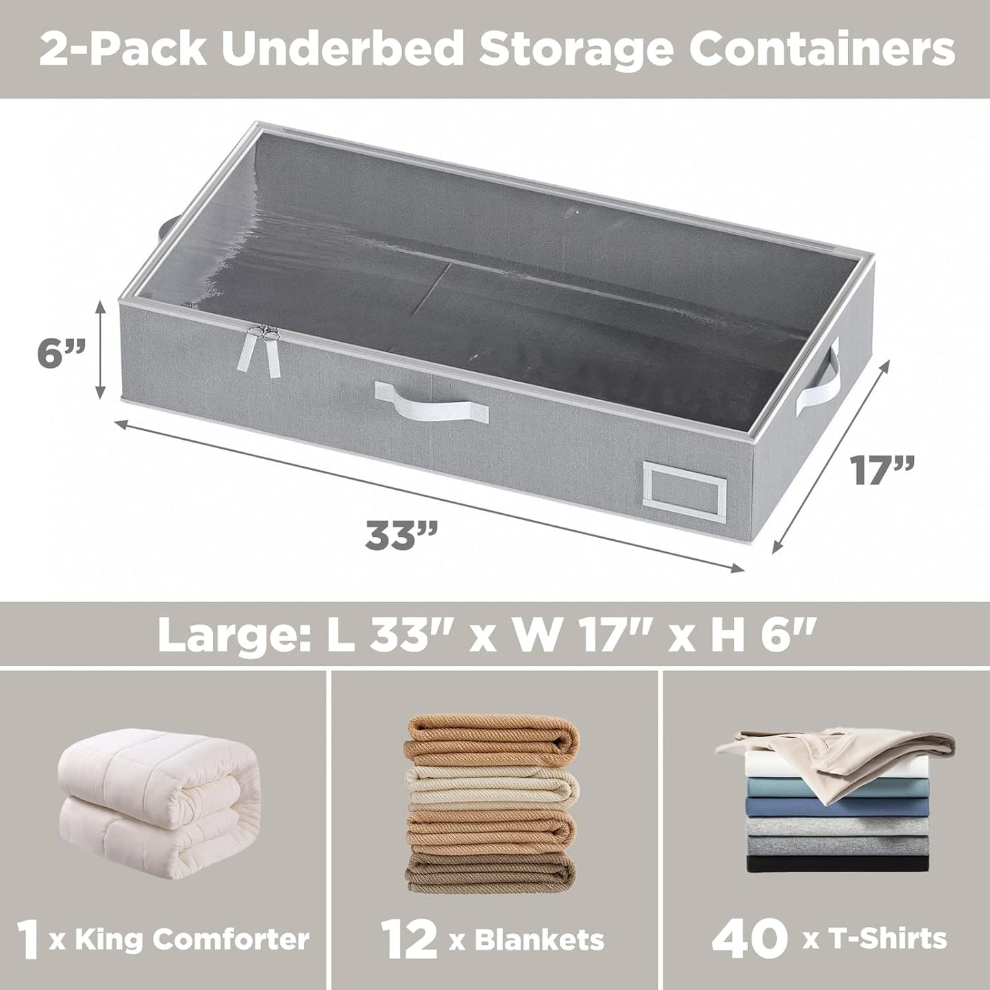 Under Bed Storage, Under Bed Storage Containers Bins for Clothes, Large Linen Underbed Closet Organization Bins, 2 Pack Collapsible Underbed Bin Dorm for Clothes, Sweater, Gray