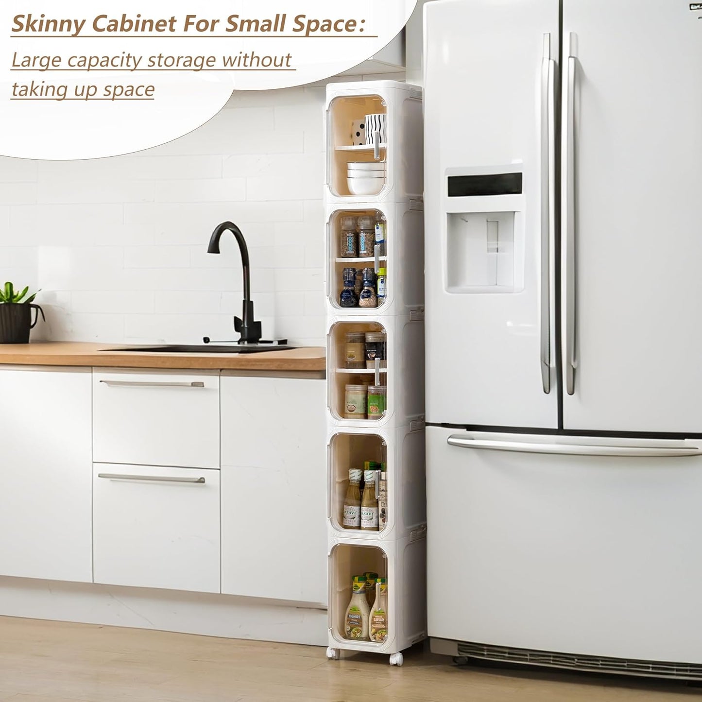 5-Tier Narrow Storage Cabinet Slim Bathroom Storage Cabinet with Movable Wheels Tall Bathroom Organizer Skinny Cabinet for Small Spaces，Beige